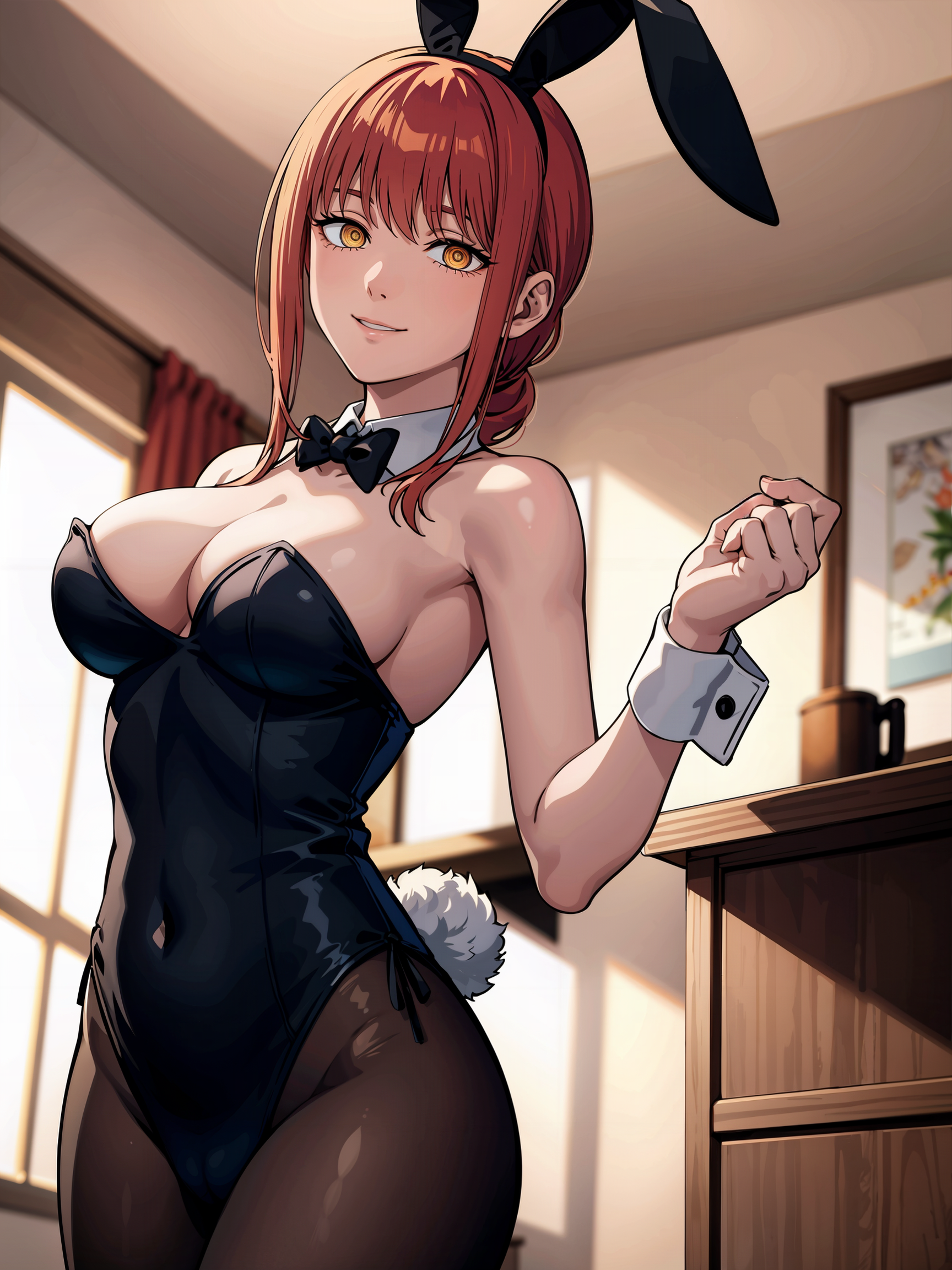 1girls, ai generated, bangs, blush, chainsaw man, female, female only, makima (chainsaw man), red hair, shy, solo, stable diffusion, yellow eyes