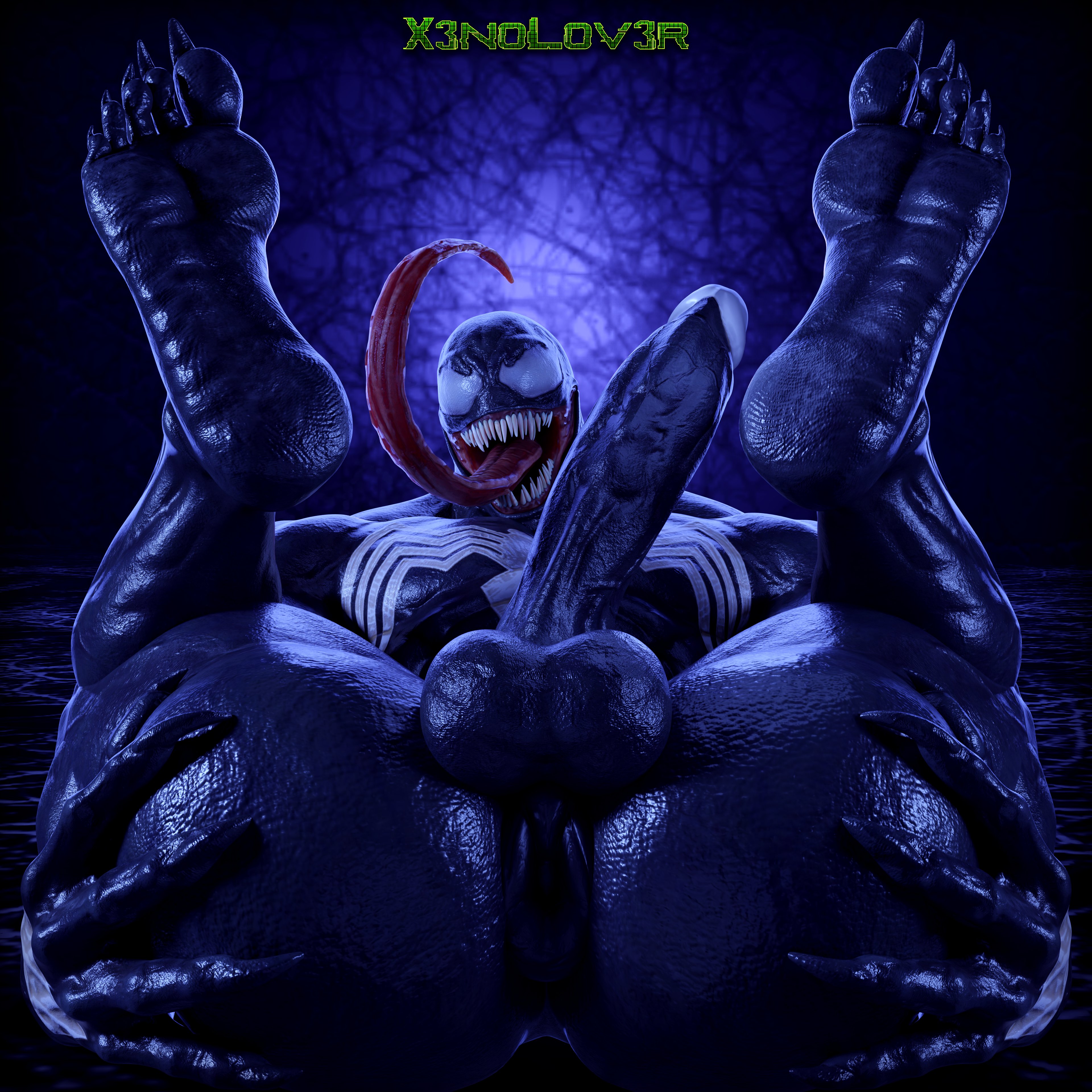 1boy, alien, alien boy, anthro, ass, balls, big sub, erection, fangs, gay, hi res, high resolution, humanoid, inviting, inviting to sex, long tongue, looking at viewer, male, male only, marvel, marvel comics, muscular, muscular male, penis, presenting, presenting ass, presenting butt, solo, solo focus, spread legs, symbiote, thekidxeno, venom, venom (marvel)