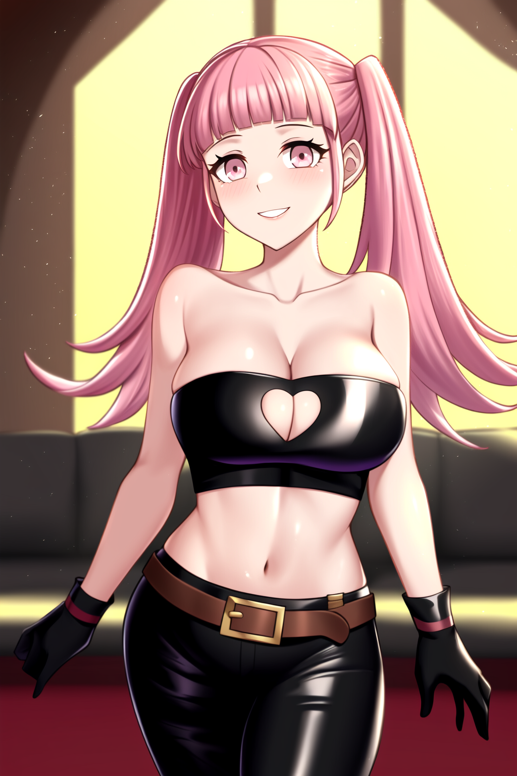 1girls ai_generated bare_shoulders belly belt big_breasts black_gloves black_pants black_strapless brown_belt cleavage_cutout clothing_cutout female female_only fire_emblem fire_emblem:_three_houses gloves hilda_valentine_goneril latex midriff nai_diffusion nintendo pink_eyes pink_hair short_gloves smile solo strapless tubetop twintails