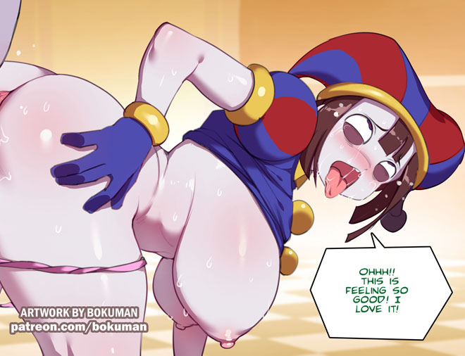 2023, 2d, 2d (artwork), 2d artwork, ahe gao, ass, asshole, big breasts, big thighs, blush, bokuman, breasts, brown hair, censored, dialogue, female, glitch productions, gloves, gooseworx, jester, jester cap, jester costume, jester girl, jester hat, jester outfit, nipples, open mouth, panties down, penetration, pleasure face, pomni, pomni (the amazing digital circus), pussy, saliva drip, short hair, surprised, sweat, sweatdrop, sweating, the amazing digital circus, thick thighs, tongue, tongue out, white body