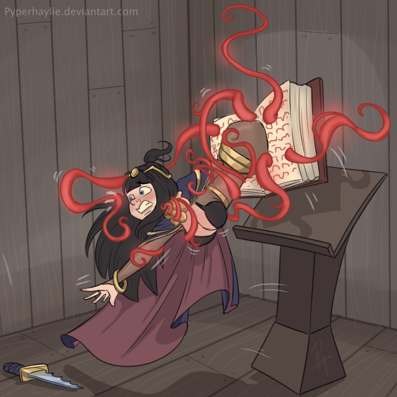 1girls bangs black_hair blue_eyes book bound breasts cleavage clenched_teeth clothing dragging female femsub fire_emblem fire_emblem_awakening indoors knife long_hair magic medium_breasts nintendo pyperhaylie rape reaching_out red_tentacles restrained struggling summoning tentacle tharja_(fire_emblem) weapon wide_eyed