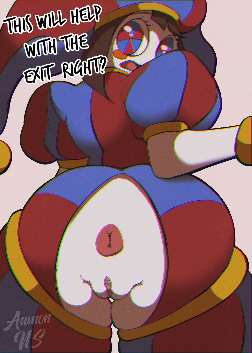 2023, 2d, 2d (artwork), 2d artwork, aamonns, ass, asshole, big breasts, breasts, brown hair, dialogue, female, glitch productions, gloves, gooseworx, jester, jester cap, jester costume, jester girl, jester hat, jester outfit, looking behind, pomni, pomni (the amazing digital circus), pussy, short hair, the amazing digital circus, thick thighs
