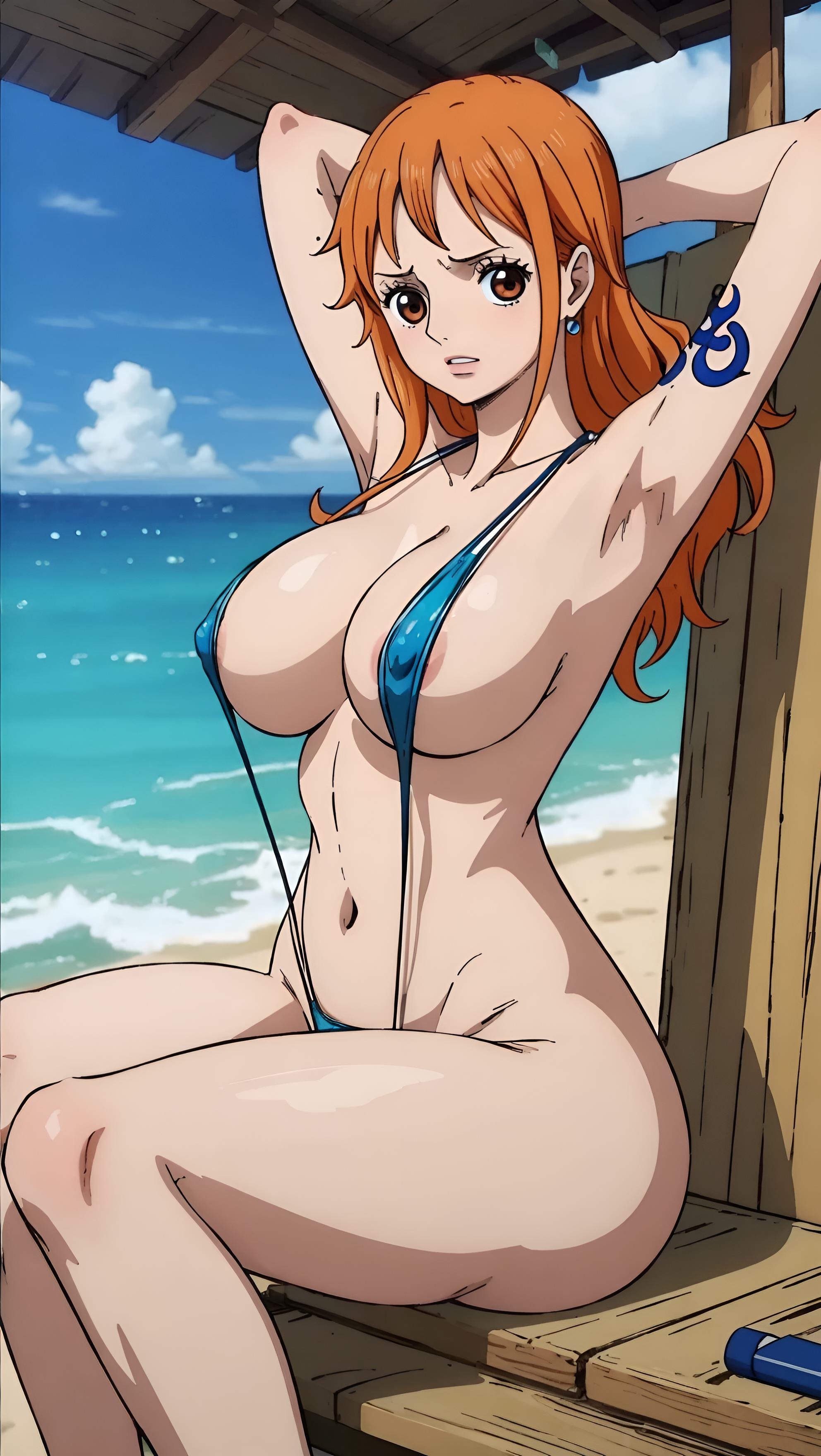 1girls, ai generated, big breasts, breasts, curvy, female, female only, jarentr, large breasts, long hair, nami (one piece), nipple piercing, nipple slip, nipples, one piece, perfect body, piercing, post-timeskip, sling bikini, slingshot swimsuit, stable diffusion, thick