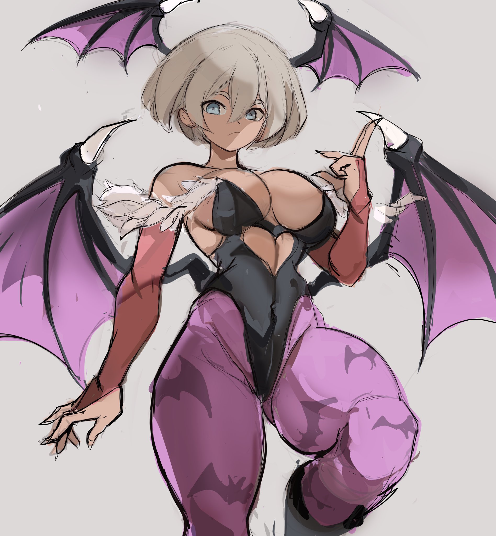 1girls, 2d, bea (pokemon), breasts, brown skin, brown-skinned female, capcom, clothing, cosplay, dark skin, dark-skinned female, darkstalkers, demon, female, game freak, grey hair, grey-haired female, hips, human, large breasts, morrigan aensland (cosplay), nintendo, pokemon, pokemon ss, rakeemspoon, short hair, solo, succubus, succubus costume, thick thighs, thighs, wide hips