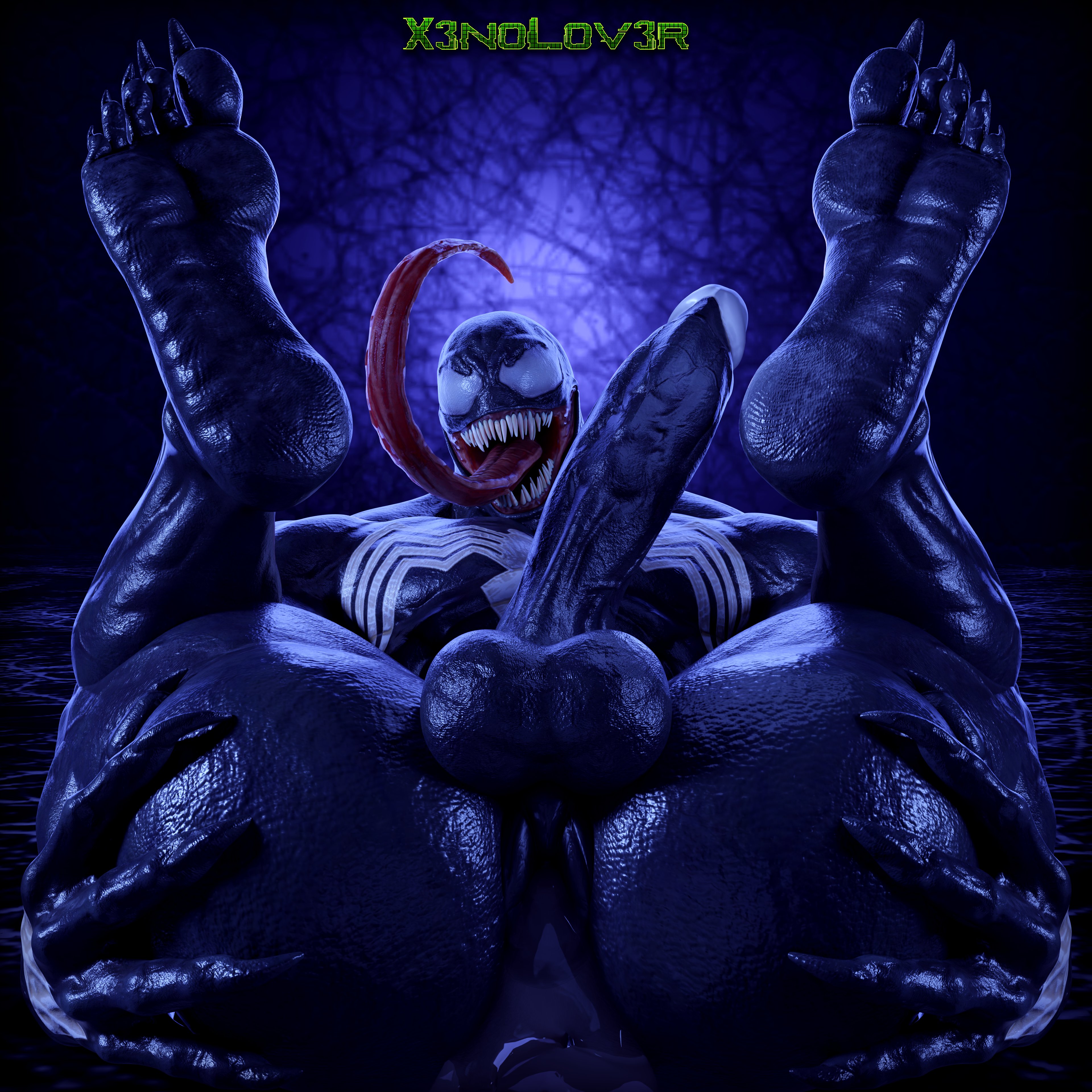 1boy, anthro, ass, balls, big sub, cum, cum in ass, cum inside, erection, fangs, gay, hi res, high resolution, humanoid, inviting, long tongue, looking at viewer, male, male only, marvel, marvel comics, muscular, muscular male, penis, presenting, presenting ass, presenting butt, solo, solo focus, spread legs, symbiote, thekidxeno, venom, venom (marvel)