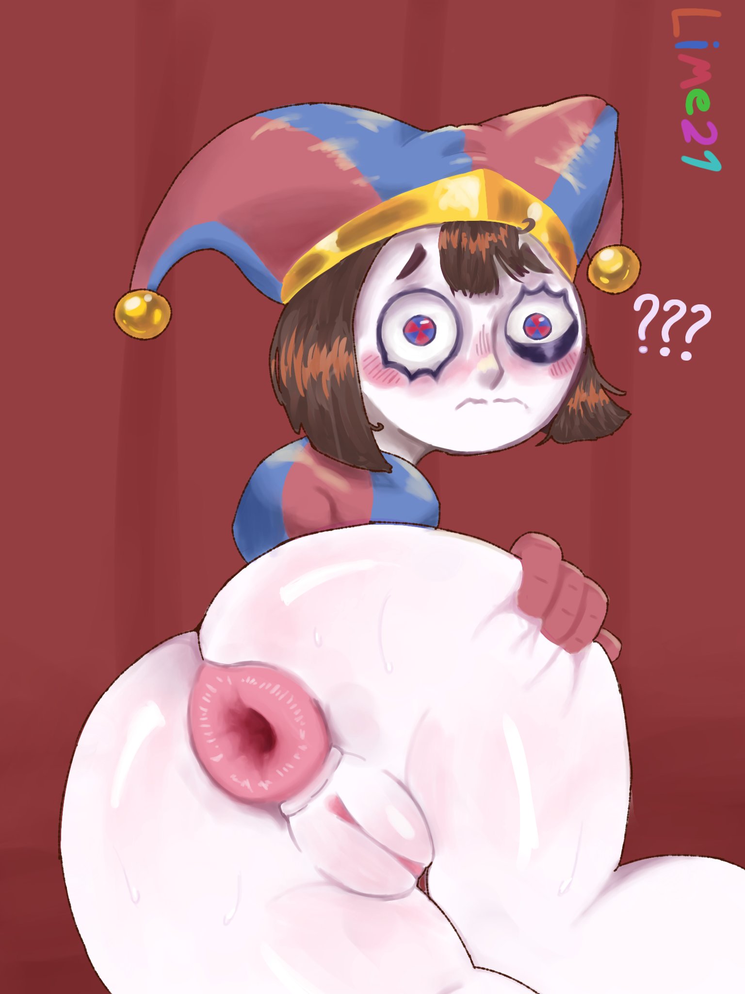2023, 2d, 2d (artwork), 2d artwork, big breasts, blush, breasts, brown hair, confused, confused look, embarrassed, female, glitch productions, gloves, gooseworx, grabbing own ass, jester, jester cap, jester costume, jester girl, jester hat, jester outfit, lime21, looking at viewer, pomni, pomni (the amazing digital circus), puffy anus, pussy, short hair, the amazing digital circus, thick thighs, white body