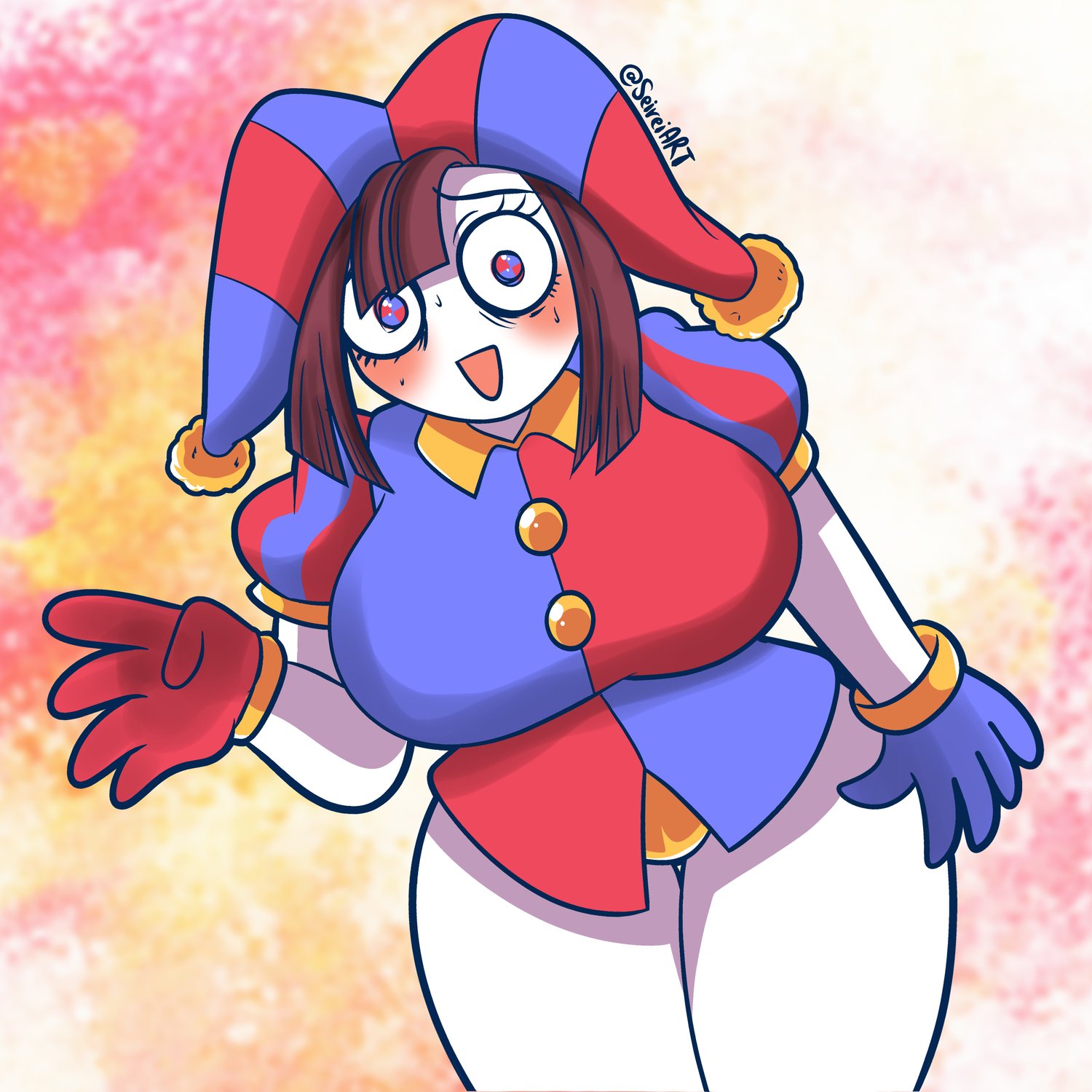 2023, 2d, 2d (artwork), 2d artwork, big breasts, big thighs, breasts, brown hair, female, glitch productions, gloves, gooseworx, huge thighs, jester, jester cap, jester costume, jester girl, jester hat, jester outfit, looking at viewer, nervous, pomni, pomni (the amazing digital circus), seireiart, short hair, sweat, sweatdrop, sweating, the amazing digital circus, thick thighs, white body