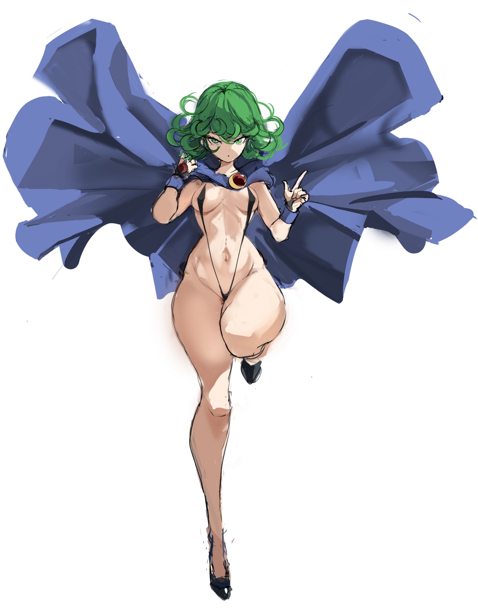 1girls, ass, ass focus, cape, cosplay, covered nipples, dc, dc comics, female, female only, green eyes, green hair, green-haired female, hips, multiple views, one-punch man, rakeemspoon, raven (cosplay), short hair, simple background, sling bikini, smaller female, solo, tatsumaki, teen titans, thighs, tight clothing, white fur, wide hips
