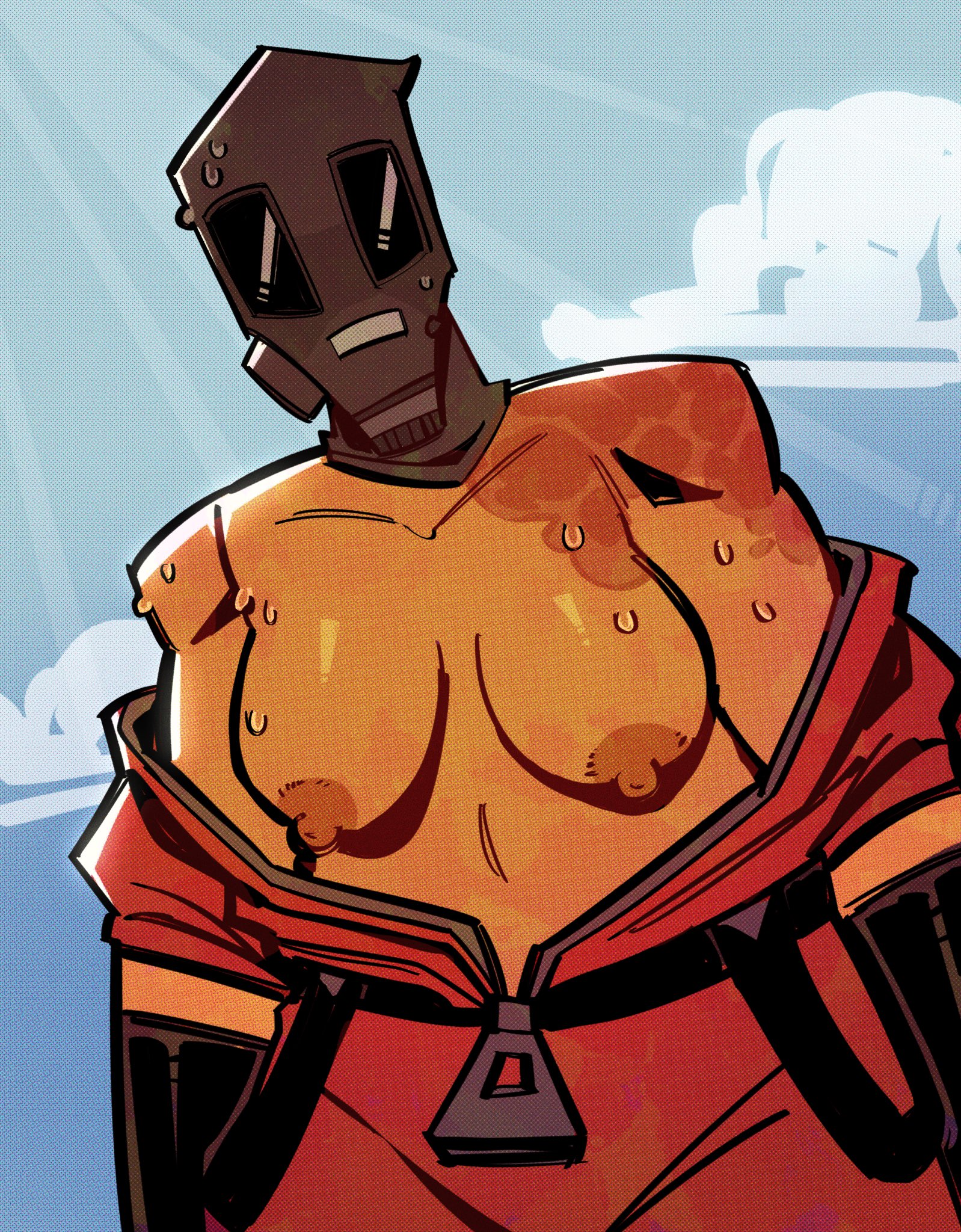 1girls, 2d, background, breasts, burn scar, female, female only, fempyro, gas mask, gloves, human, human female, human only, large breasts, mask, nipples, pyro (team fortress 2), smubafterdark, solo, sunny, sweatdrop, tan fur, team fortress 2, uniform, unzipped jumpsuit, zipper pull tab