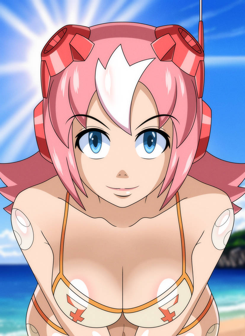 beach bent_over bikini bikini_bottom bikini_top blue_eyes bursting_breasts cleavage detailed_background headphones looking_at_viewer mega_man mega_man_x nana nana_(mega_man) pink_hair robot robot_girl rockmangrave smile smiling smiling_at_viewer sun sunlight sunshine white_hair