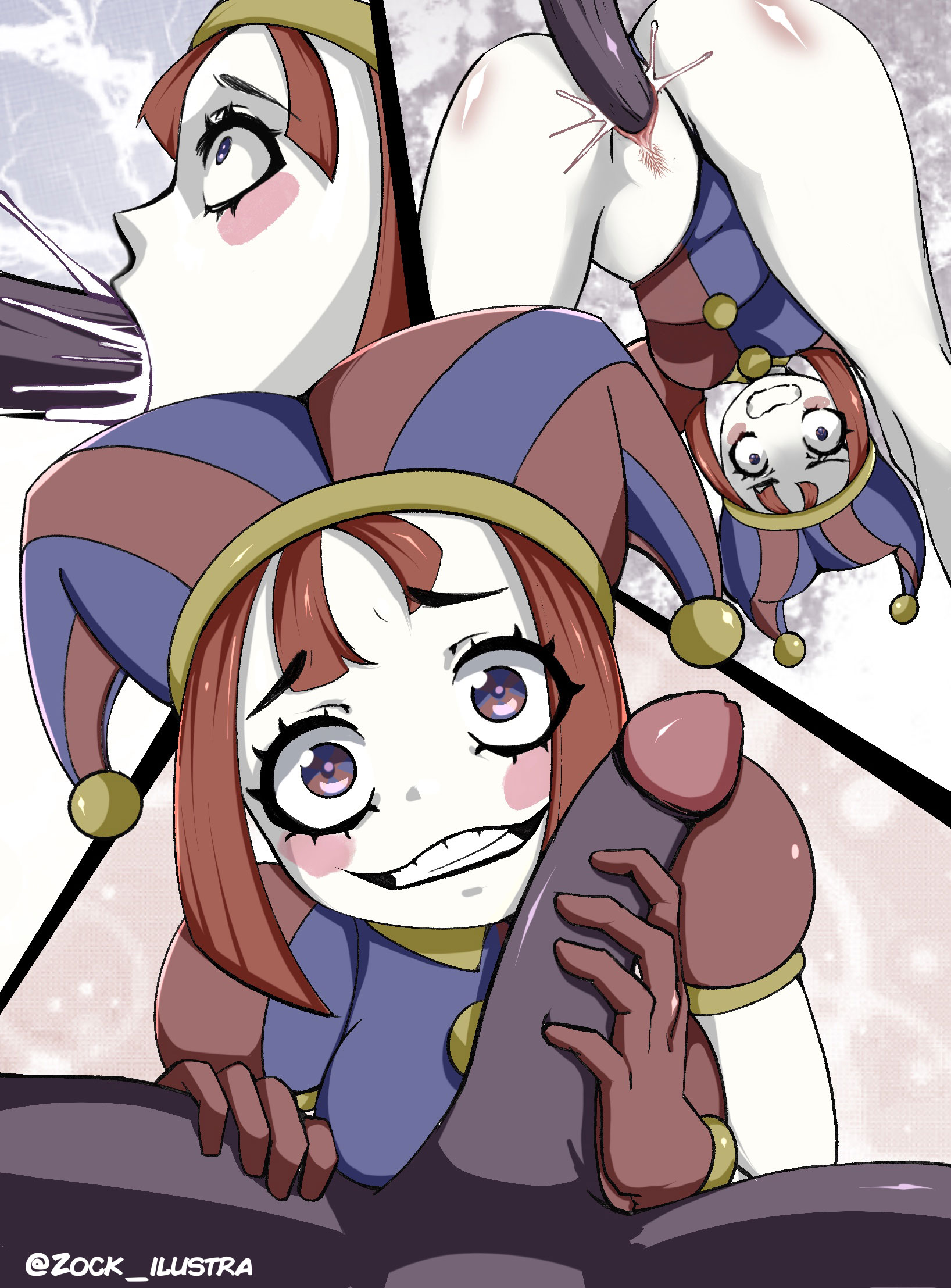 2023, 2d, 2d (artwork), 2d artwork, artist request, breasts, brown hair, crazy eyes, crazy smile, cum, cum in mouth, cum in pussy, dark skin, dark-skinned male, female, glitch productions, gloves, gooseworx, jester, jester cap, jester costume, jester girl, jester hat, jester outfit, looking at partner, male, penis, penis in pussy, pomni (the amazing digital circus), purple penis, pussy, short hair, small breasts, smiling, straight, the amazing digital circus, thick thighs, thighs, touching penis, vaginal penetration, white body