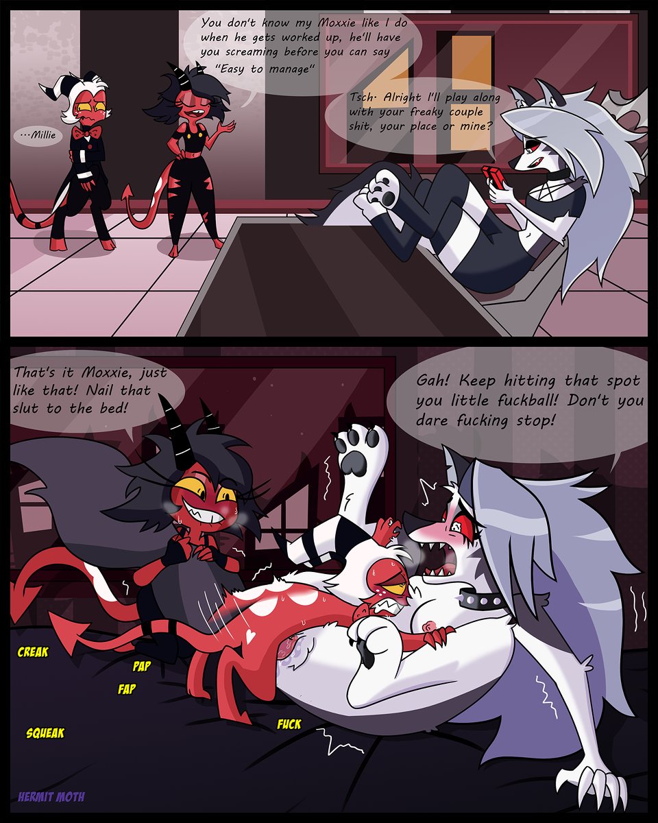 1boy, 1girls, cock, collar, comic, comic page, cursing, demon, demon boy, demon girl, dialogue, female, furry, hellhound, helluva boss, hermitmoth, humanoid on anthro, legs apart, legs spread, legs up, loona (helluva boss), male, male penetrating, male penetrating female, male/female, millie (helluva boss), moxxie (helluva boss), penis, polyamory, red eyes, sex, shaking, shaking lines, small but hung, small dom big sub, swingers, text, text bubble, threesome, thrusting, vivienne medrano, voyeur, voyeurism, watching