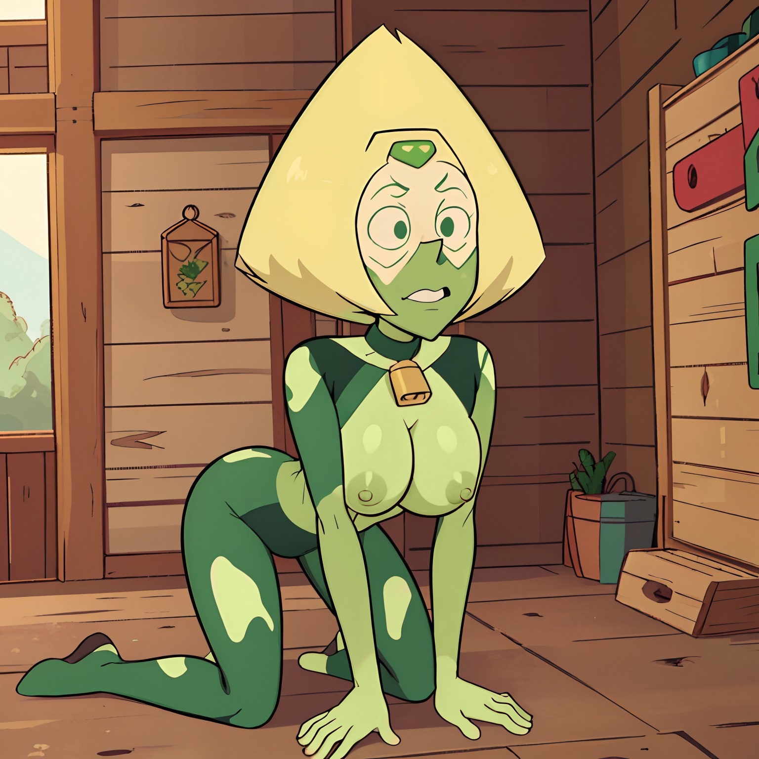 ai generated, bell collar, cow print, female, female focus, female only, nipples, nude, nude female, on all fours, peridot (steven universe), steven universe, tagme, userisbad