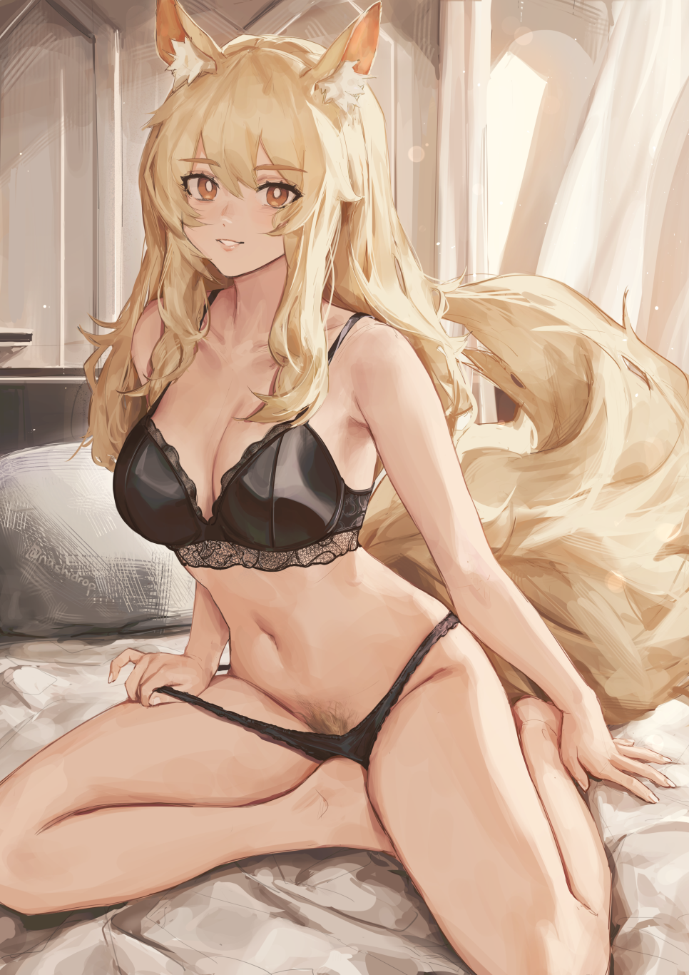 animal_ears arknights barefoot blonde_hair bra female lingerie lingerie_only medium_breasts nashidrop navel nearl_(arknights) on_bed panties pubic_hair removing_panties sitting sitting_on_bed taking_off_panties underwear yokozuwari