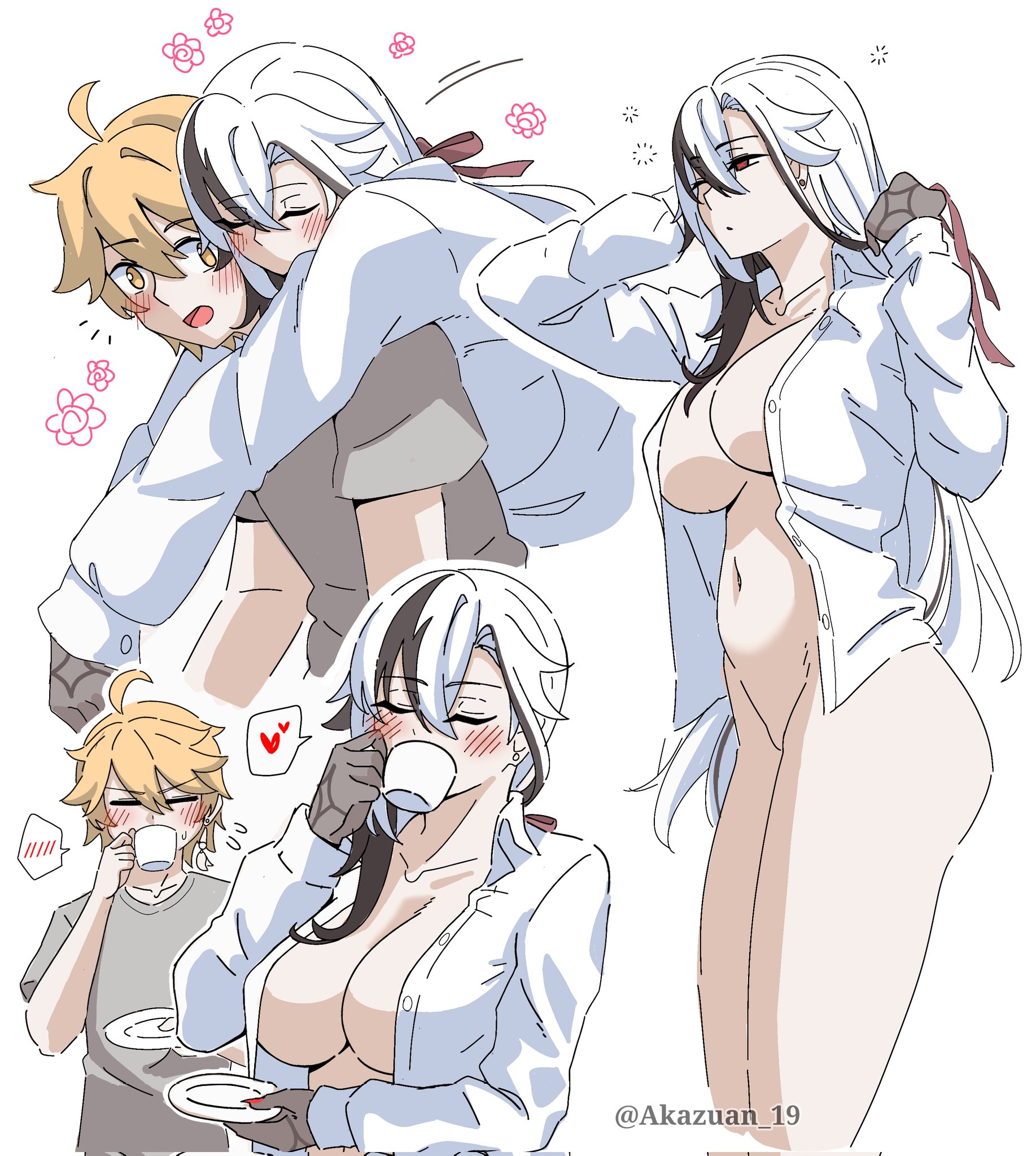 1boy, 1girls, aether (genshin impact), after sex, akazuan 19, arlecchino (genshin impact), ass, big breasts, breasts, cleavage, color, drawing, drinking, fat ass, female, genshin impact, horny, hugging from behind, male, mihoyo, open clothes, open shirt, straight, taller female, thick thighs