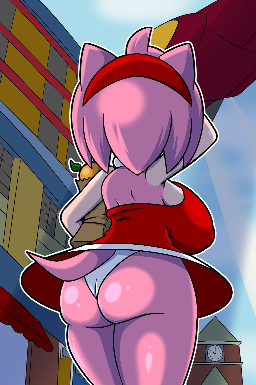 1girls amy_rose anthro ass big_ass clothed clothing dress facing_away female furry groceries large_breasts panties paper_bag sega solo sonic_(series) sonicguru upskirt