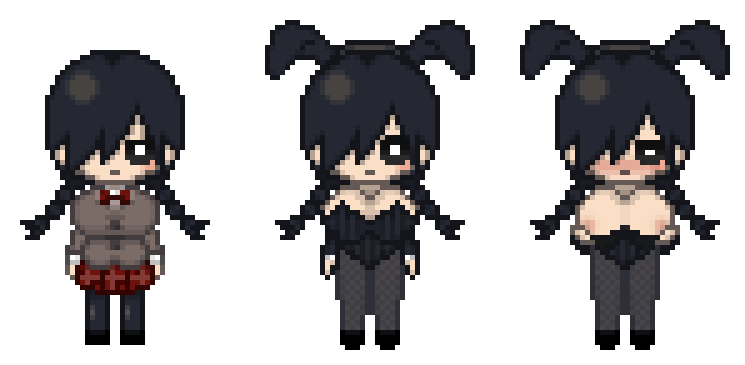 1girls animal_ears black_eyes black_hair blush braids breasts breasts_out bunny_ears bunny_girl bunnysuit edit editor_request fake_animal_ears fake_rabbit_ears female female_only fishnets funamusea goth goth_girl large_breasts mogeko_castle multiple_views nipples pixel_art playboy_bunny pleated_skirt school_uniform schoolgirl schoolgirl_uniform skirt solo solo_female sprite sprite_art sprite_edit strapless_leotard transparent_background twin_braids unknown_source yonaka_kurai