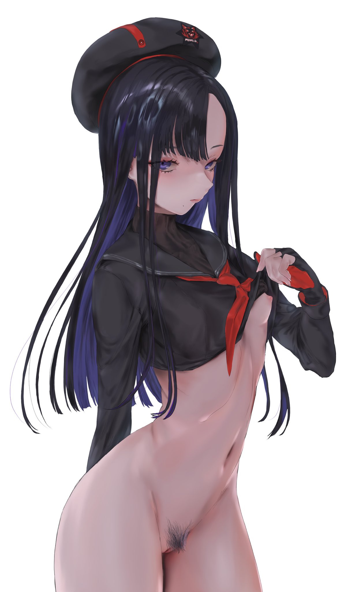 1girls areolae ascot asymmetrical_bangs beret black_hair black_shirt bottomless cowboy_shot eruazare eunhwa eunhwa_(nikke) fingerless_gloves gloves goddess_of_victory:_nikke hi_res long_hair looking_at_viewer navel nipples no_panties one_breast_out pubic_hair purple_eyes purple_hair pussy red_gloves sailor_collar serafuku shirt_lift simple_background small_breasts solo solo_female two-tone_gloves two_tone_hair white_background