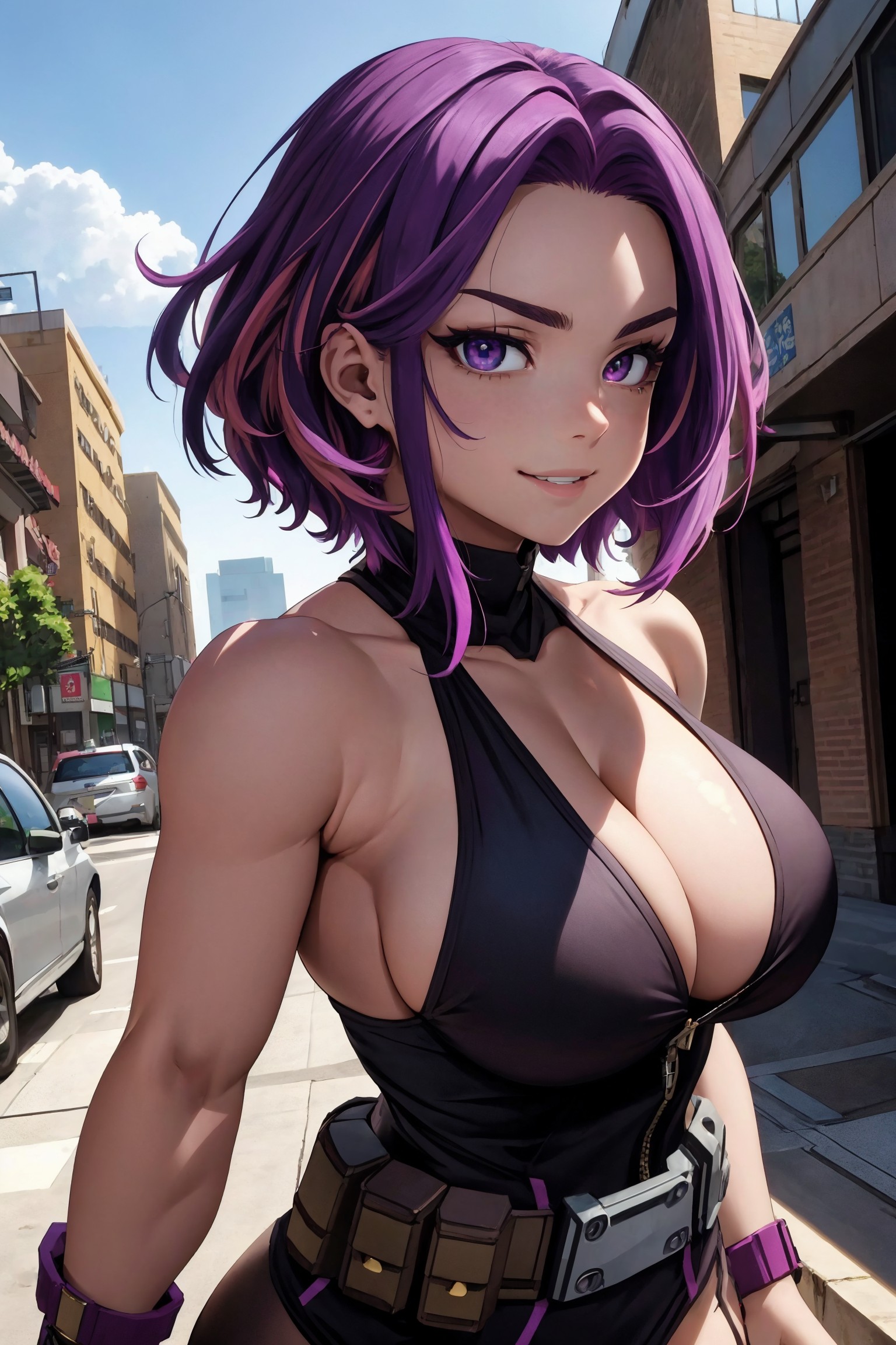 1girls, ai generated, bare shoulders, big breasts, boku no hero academia, breasts, cleavage, female, female only, kaina tsutsumi, lady nagant, my hero academia, purple eyes, purple hair, sideboob, solo