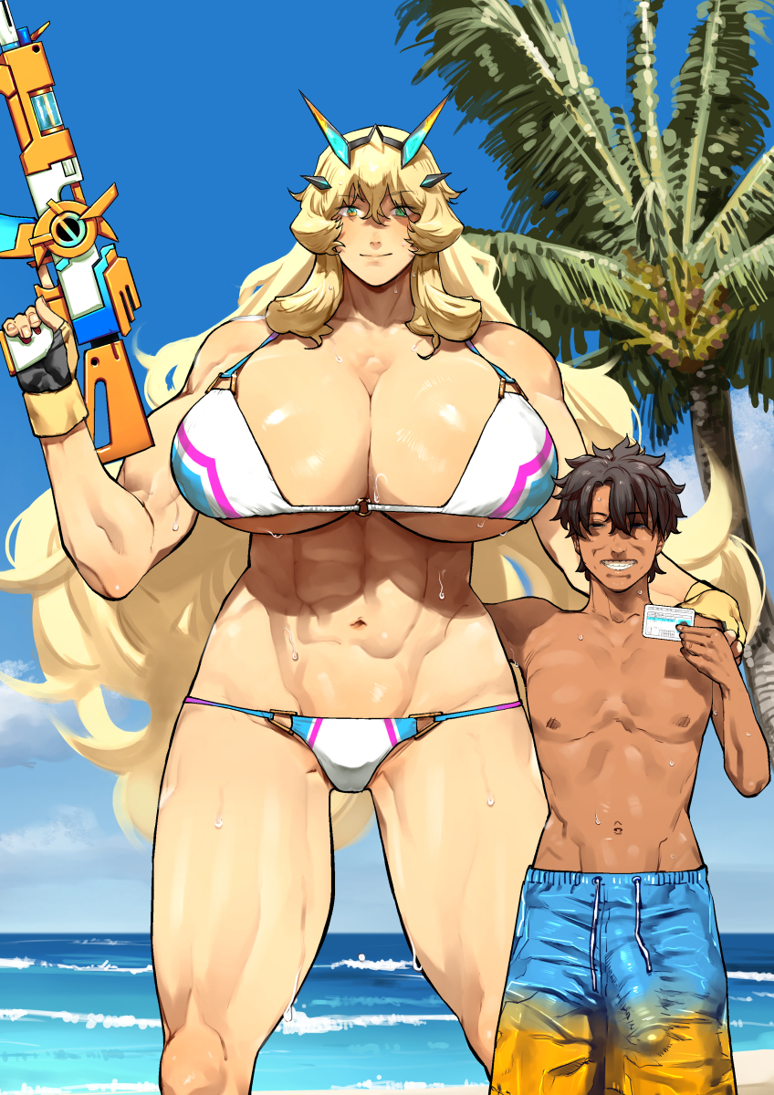 1boy 1girls abs bare_shoulders barghest_(gawain)_(fate) barghest_(swimsuit_archer)_(final_ascension)_(fate) beach biceps bikini blonde_hair blue_shorts blue_sky blush breasts brown_hair bulge cleavage collarbone erection erection_under_clothes fate/grand_order fate_(series) female fingerless_gloves fujimaru_ritsuka_(male) gloves green_eyes gun height_difference highres horns huge_breasts long_hair looking_at_viewer multicolored_bikini multicolored_clothes muscular_female navel nimuno_(munimuni) palm_tree shore short_hair shorts sky swimsuit tall_female tan thick_thighs thighs tree v variant_set weapon white_bikini yellow_gloves