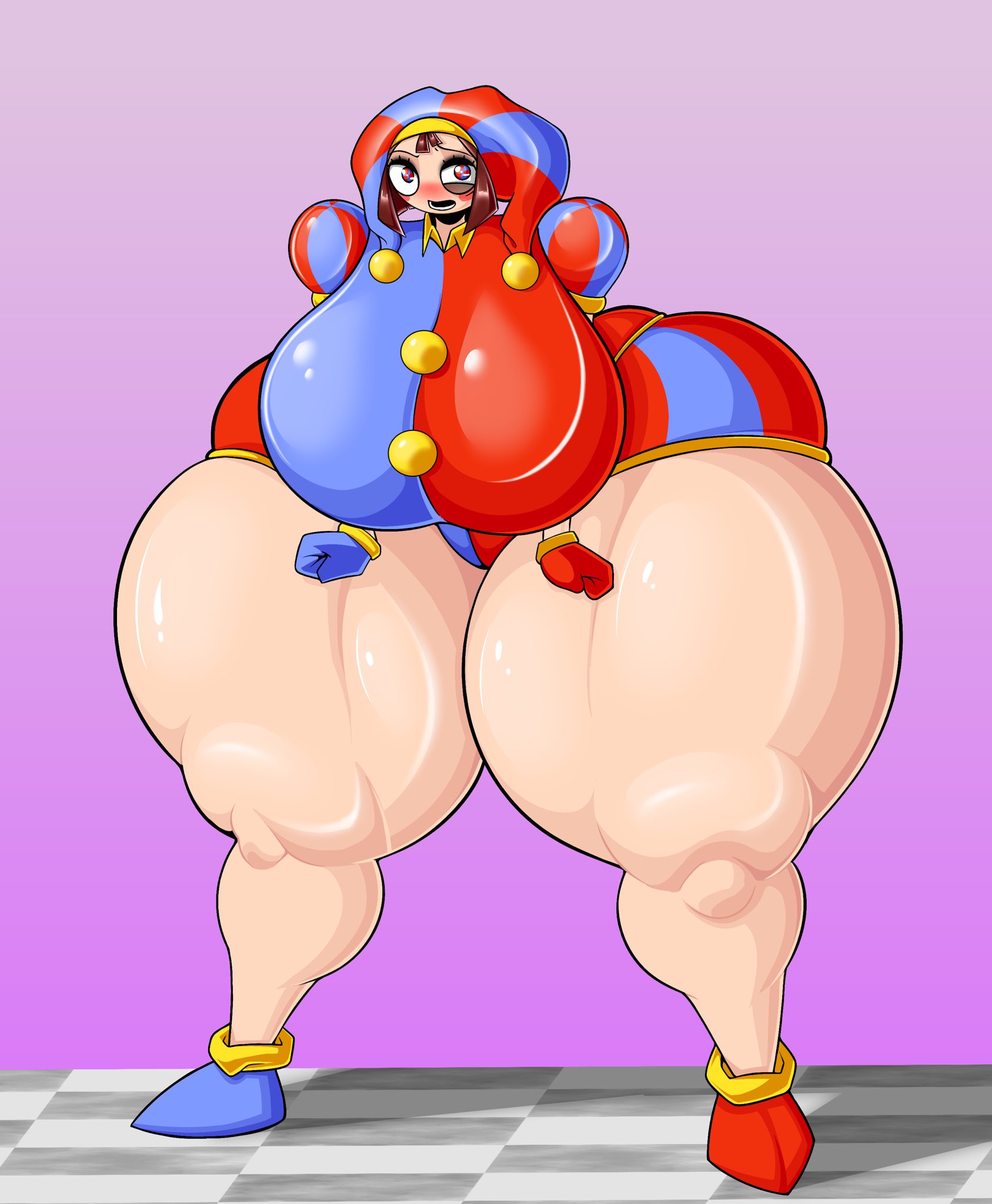 2023, 2d, 2d (artwork), 2d artwork, attackheat, big breasts, big thighs, blush, breasts, brown hair, embarrassed, female, glitch productions, gloves, gooseworx, huge breasts, huge thighs, jester, jester cap, jester costume, jester girl, jester hat, jester outfit, looking at another, pomni, pomni (the amazing digital circus), short hair, tall female, the amazing digital circus, thick thighs
