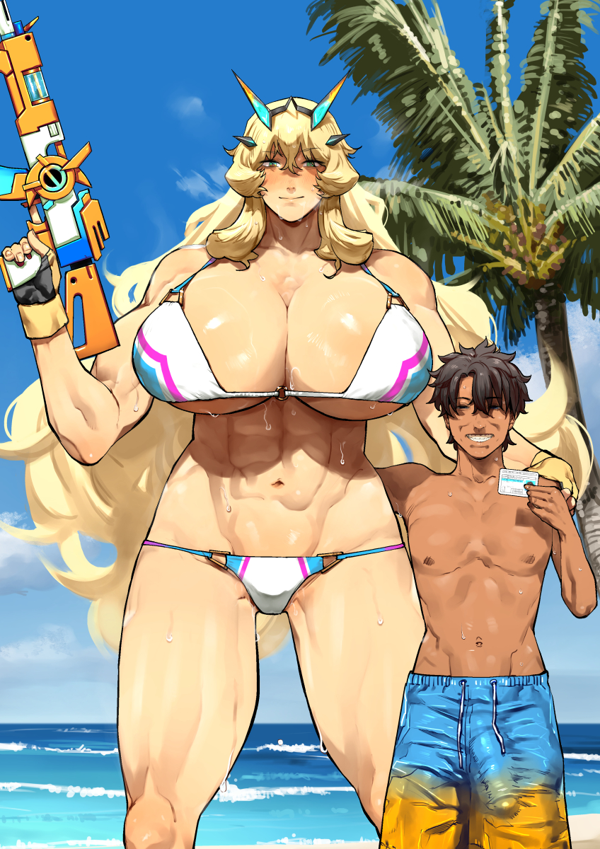 1boy 1girls abs bare_shoulders barghest_(gawain)_(fate) barghest_(swimsuit_archer)_(final_ascension)_(fate) beach biceps bikini blonde_hair blue_shorts blue_sky blush breasts brown_hair bulge cleavage collarbone erection erection_under_clothes fate/grand_order fate_(series) female fingerless_gloves fujimaru_ritsuka_(male) gloves green_eyes gun half-closed_eyes heavy_breathing height_difference highres horns huge_breasts long_hair looking_at_viewer multicolored_bikini multicolored_clothes muscular_female navel nimuno_(munimuni) palm_tree shore short_hair shorts size_difference sky swimsuit tall tall_female tan thick_thighs thighs tree v variant_set very_long_hair weapon white_bikini yellow_gloves