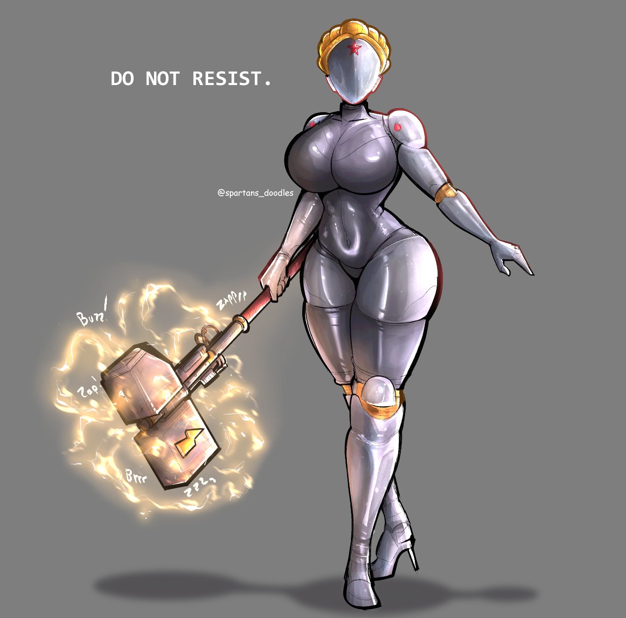 1girls, 2d (artwork), atomic heart, belly, breasts, english text, female, female robot, gynoid, hips, holding weapon, huge breasts, large breasts, right (atomic heart), robot girl, simple background, spartandoodles, text, the twins (atomic heart), thick thighs, thighs, tummy, wide hips