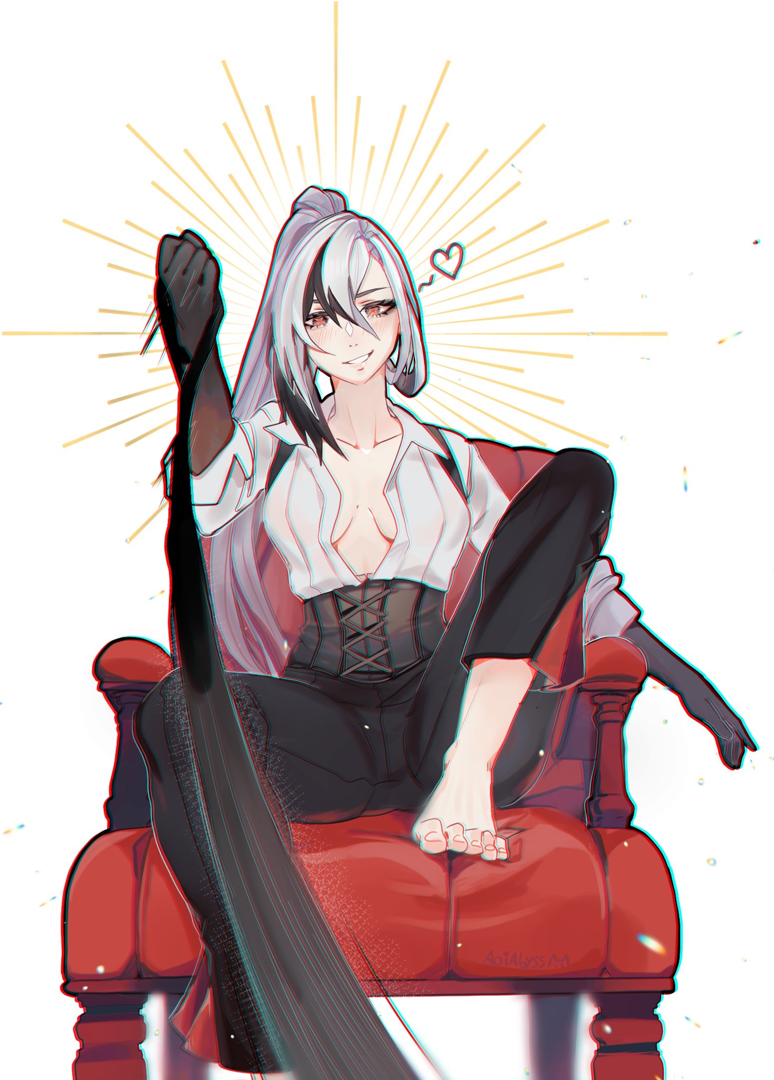 1girls, ambiguous pov, aoiabyss, arlecchino (genshin impact), barefoot, breasts, feet, feet focus, female, femdom, genshin impact, heart, leash pull, looking at viewer, pov, red eyes, sitting, smirk, toes, white hair