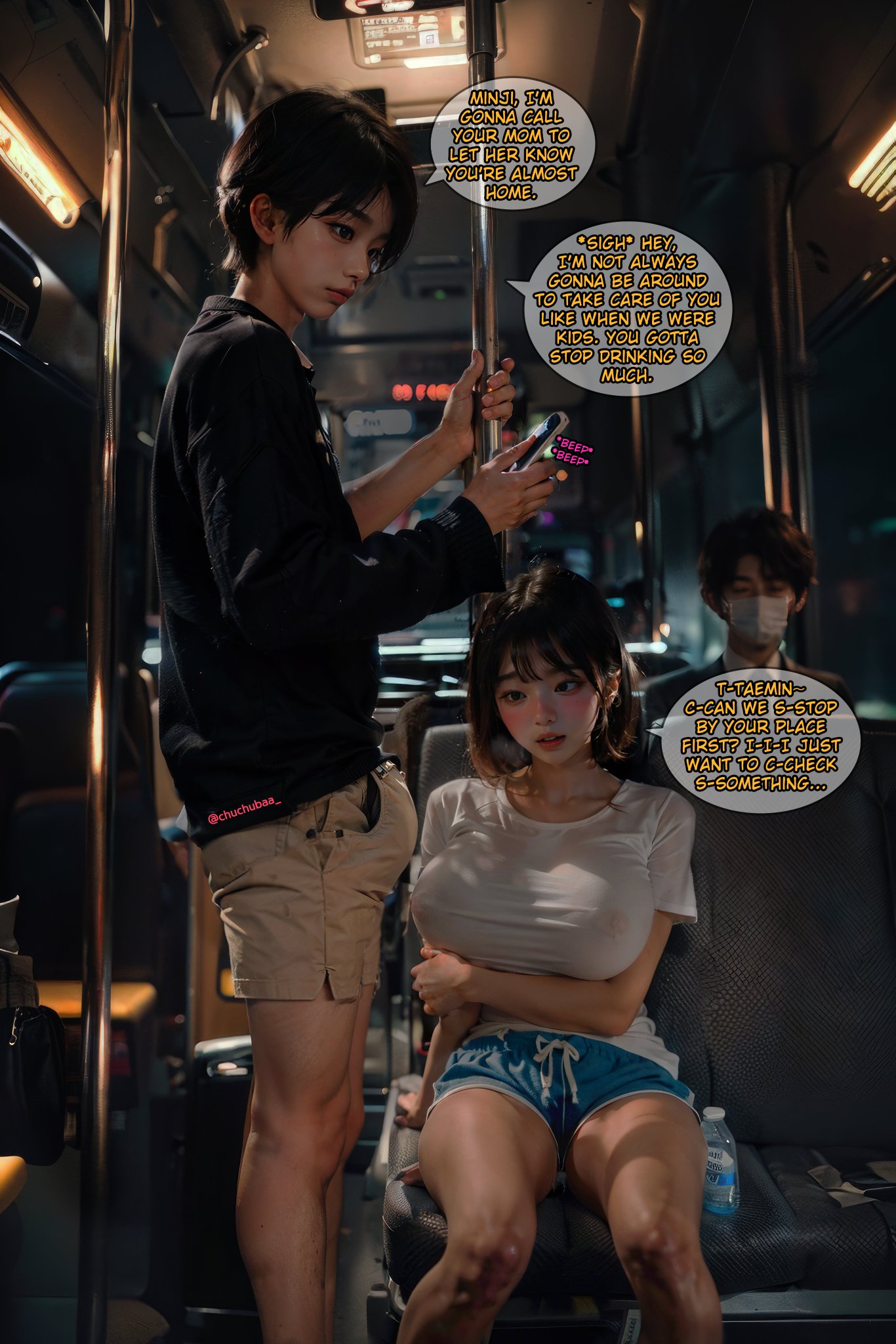 1boy, 1girls, ai generated, background character, bag, barefoot, black hair, black shirt, blush, bottle, breasts, brown hair, bulge, cellphone, childhood friend, chuchubaa, covered nipples, drunk, drunk female, english text, erection, erection under clothes, female, ground vehicle, holding, holding phone, horny female, imminent sex, large breasts, male, mask, mouth mask, night, nipples, nipples visible through clothing, phone, see-through, shirt, short hair, short shorts, shorts, sitting, smartphone, speech bubble, stable diffusion, standing, straight, surgical mask, sweat, t-shirt, tight clothing, train interior, water bottle, white shirt
