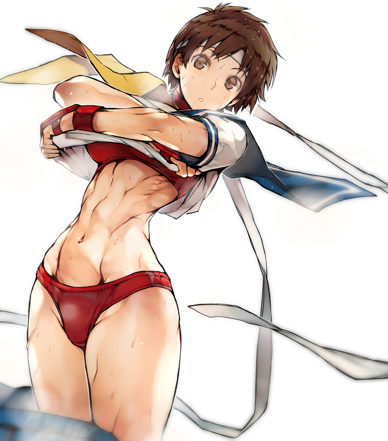 1girls, abs, athletic, athletic female, bikini bridge, bra, breasts, brown eyes, brown hair, buruma, capcom, clothes lift, clothes pull, clothing, clothing pull, female, fingerless gloves, handwear, headband, hip bones, hips, human, midriff, muscles, navel, nishiide kengorou, pale skin, sakura kasugano, shirt lift, short hair, slender waist, steam, steaming body, street fighter, surprised, sweat, thick thighs, tomboy, toned, toned female, toned stomach, underboob, underwear, undressing
