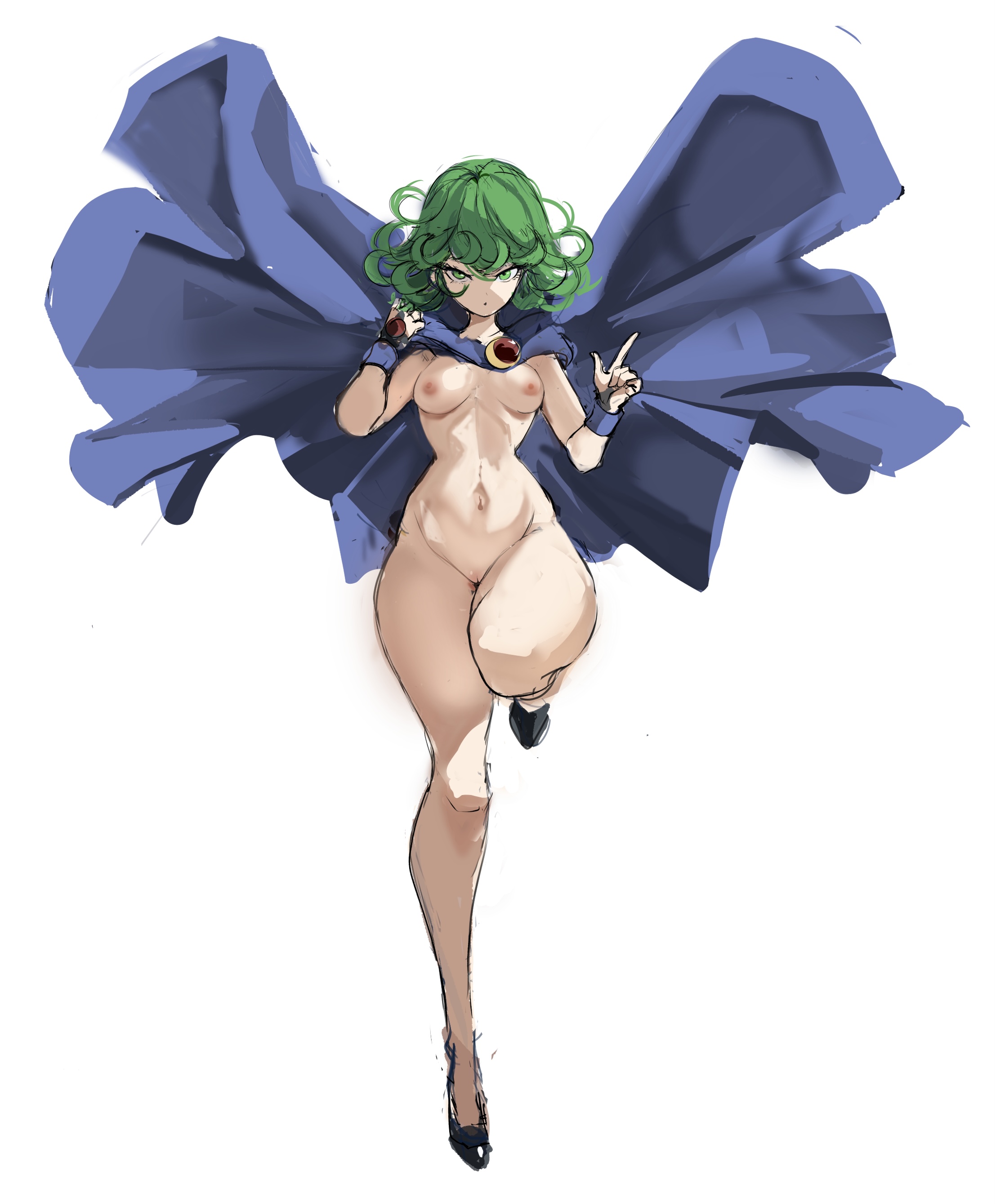 1girls, cape, cosplay, dc, dc comics, female, female only, green eyes, green hair, green-haired female, hips, multiple views, naked footwear, nipples, nude, one-punch man, pussy, rakeemspoon, raven (cosplay), short hair, simple background, smaller female, solo, tatsumaki, teen titans, thighs, wide hips