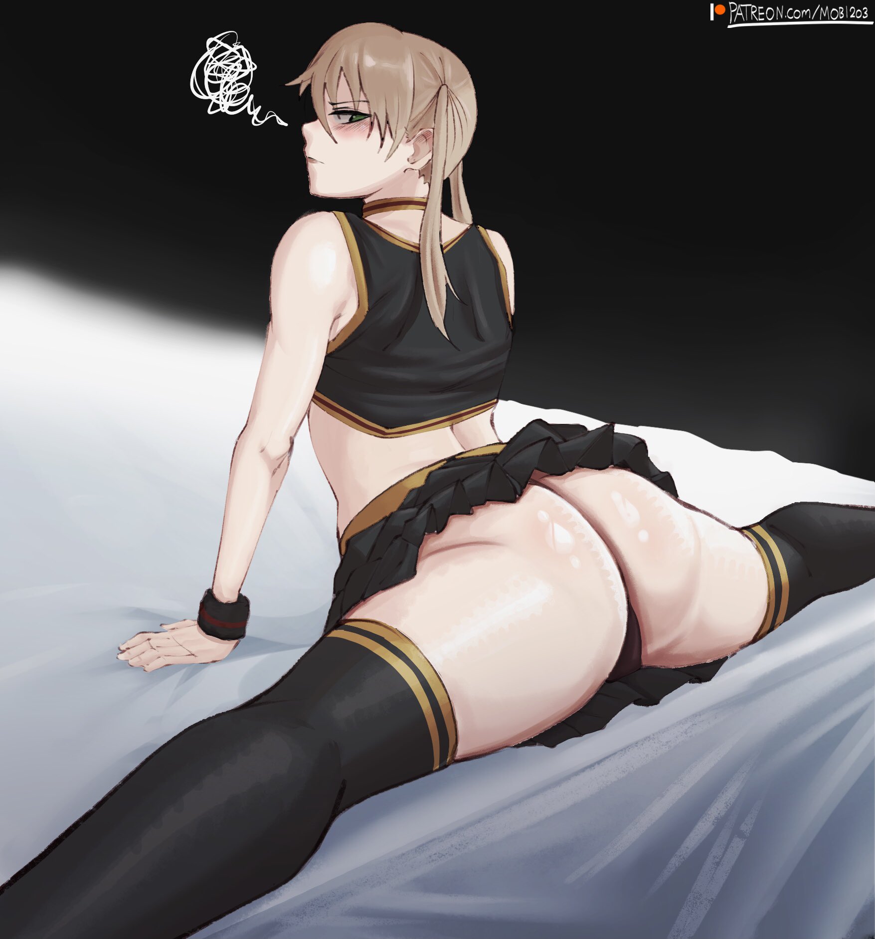 1girls, 2023, ass, bed, big ass, big butt, cheerleader, cheerleader outfit, cheerleader uniform, female, female focus, female only, green eyes, hi res, high resolution, highres, huge ass, huge butt, large ass, large butt, light skin, light-skinned female, maka albarn, mobi mobi, short hair, solo, solo female, solo focus, soul eater, splits, spread legs, tagme, thong, upskirt