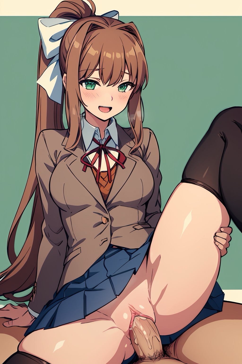ai generated, black thighhighs, blazer, blue skirt, blush, brown hair, clothed female nude male, clothed sex, cowgirl position, doki doki literature club, female, green eyes, hair ribbon, happy, happy sex, leg lift, long hair, male, monika (doki doki literature club), no panties, open mouth, ponytail, pussy, school uniform, smile, straight, vaginal penetration, white ribbon, yodayo