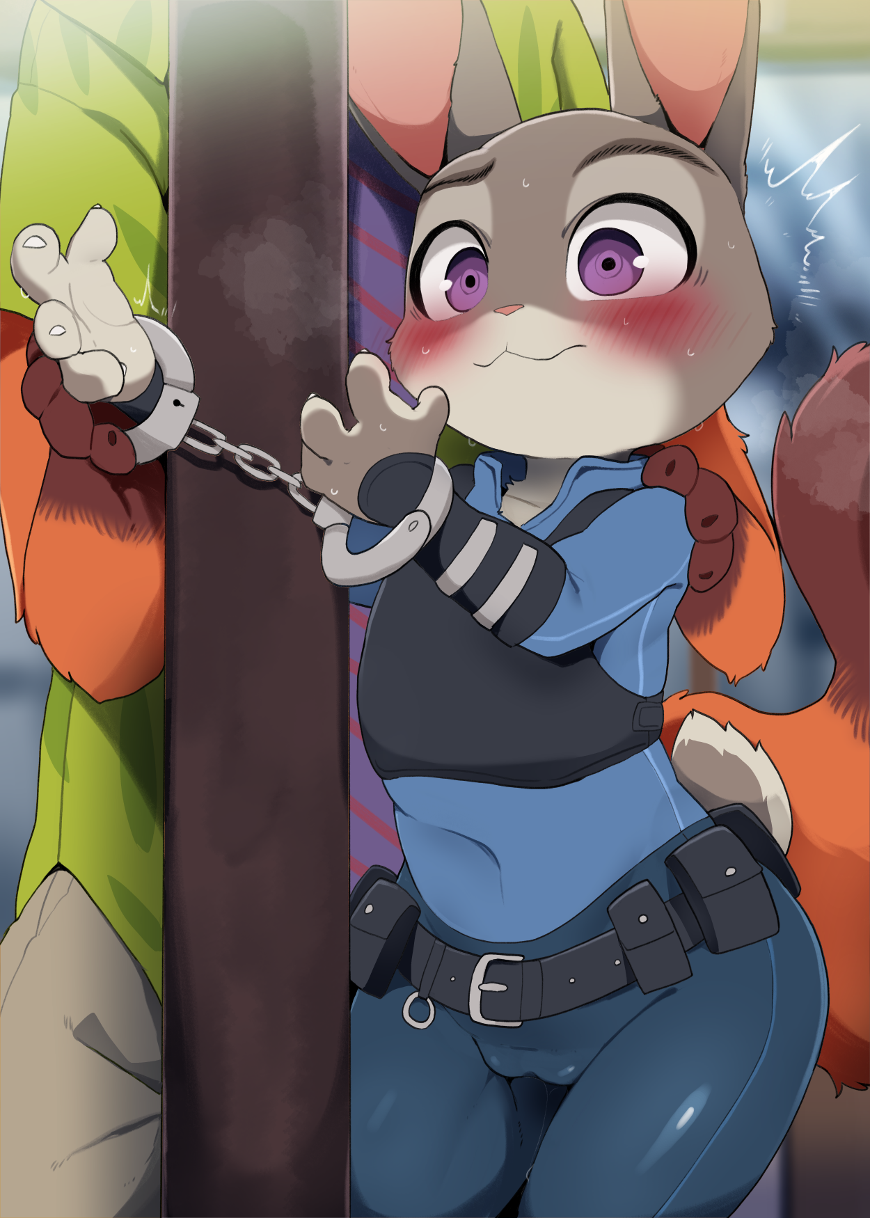 1boy, anthro, blush, bunny, bunny ears, bunny girl, bunny tail, cameltoe, dagasi, disney, female, fox, fox tail, handcuffs, imminent rape, judy hopps, male, nick wilde, police uniform, pussy, restrained, surprised, zootopia