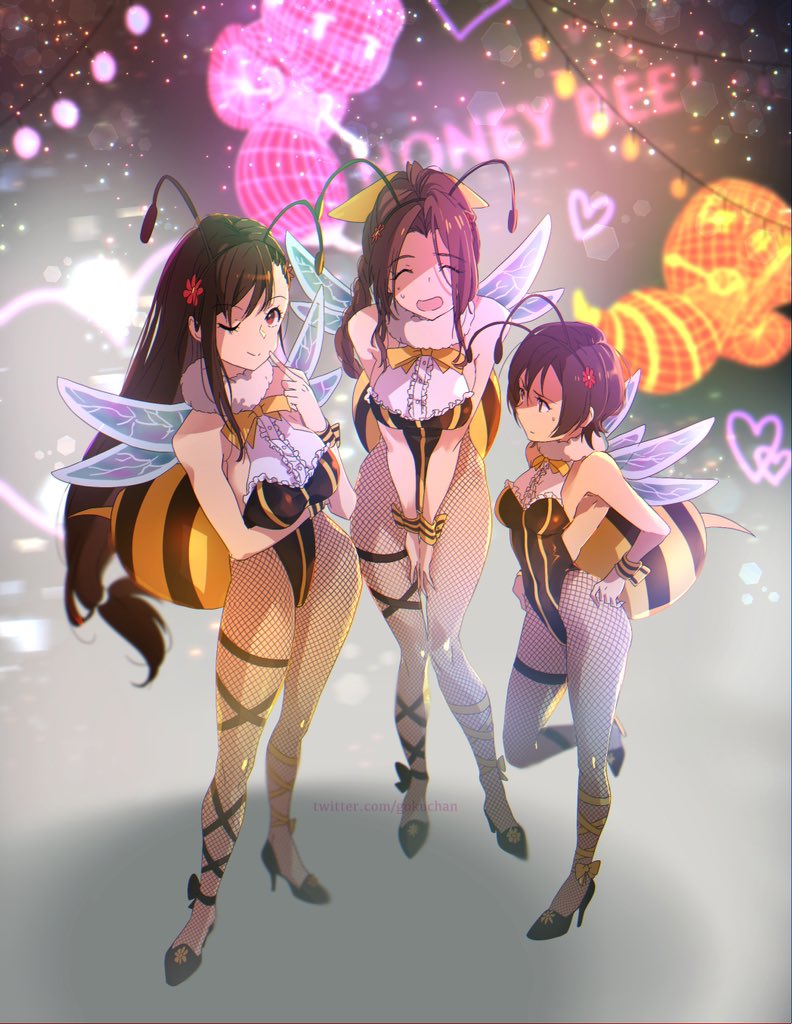 3girls aerith_gainsborough anime_style antennae bee bee_costume bee_girl black_hair bowtie bracelets brown_hair burlesque cabaret clothed clothing cuffs_(clothing) female female_only final_fantasy final_fantasy_vii final_fantasy_vii_remake fishnets flower flower_in_hair gokuchan green_eyes happy_female high_heels honeybee_inn_uniform lipstick long_hair looking_at_viewer materia multiple_girls neon neon_lights night_club painted_fingernails red_eyes short_hair square_enix stinger tifa_lockhart two_tone_clothing two_tone_clothing_(blackandyellow) wings wink winking_at_viewer yuffie_kisaragi