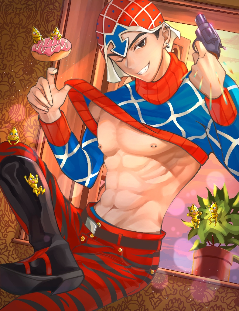 1boy exposed_chest guido_mista jojo's_bizarre_adventure looking_at_viewer male male_chest male_only one_eye_closed sex_pistols shirt_pulled_up solo stand_(jjba) vento_aureo vivian87305 wink winking_at_viewer