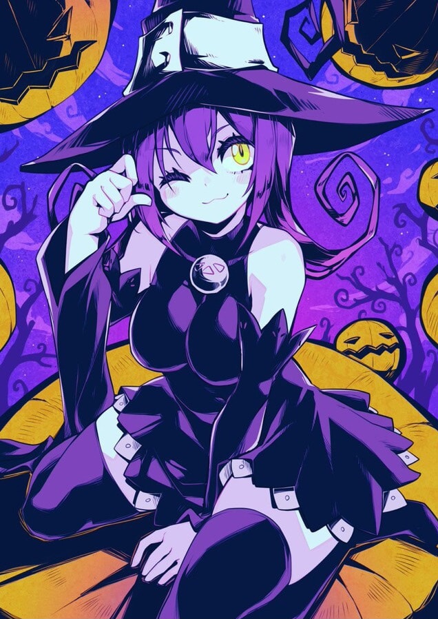 black_dress blair_(soul_eater) catgirl jack-o'-lantern parororo purple_hair soul_eater thighs witch witch_hat yellow_eyes