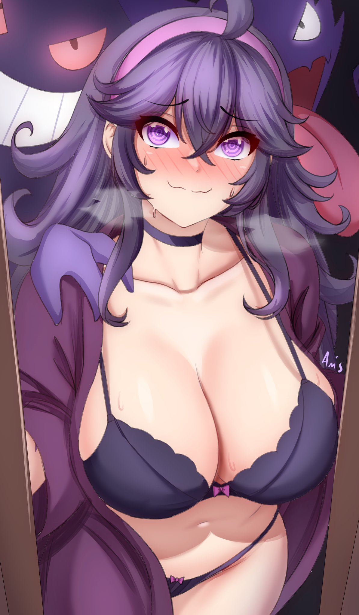 1girls, anisdrawn, bra, breasts, cleavage, female, game freak, gengar, haunter, hex maniac, hi res, huge breasts, light skin, light-skinned female, long hair, massive breasts, nintendo, pokemon, pokemon xy, purple eyes, purple hair, smile