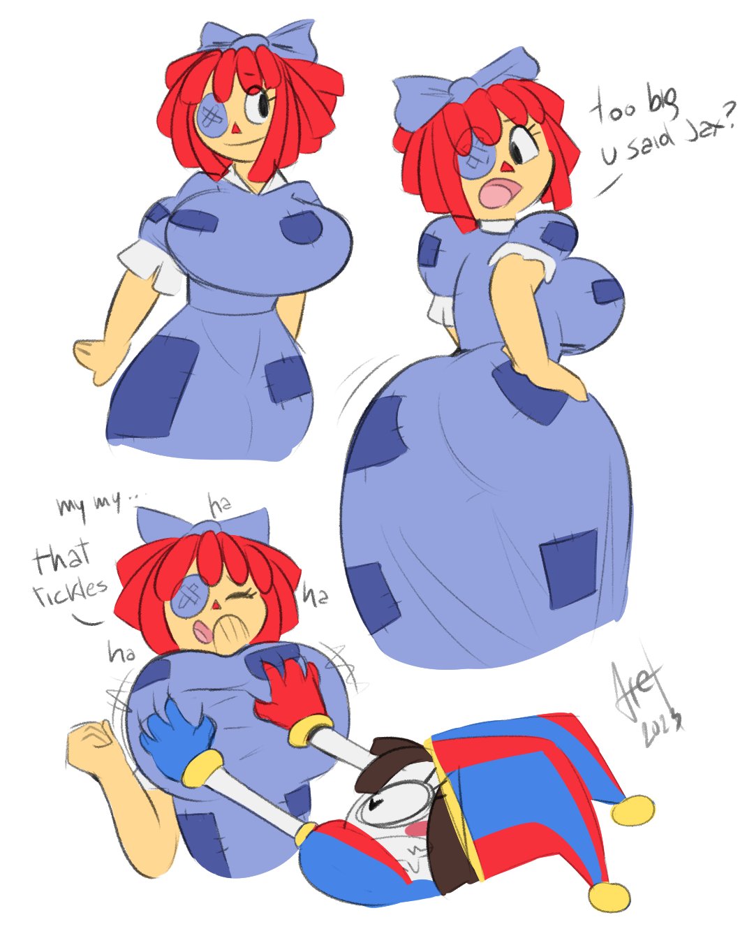 2023, 2d, 2d (artwork), 2d artwork, afelwft, big breasts, big thighs, bow tie, breasts, brown hair, button eyes, dialogue, doll, dress, embarrassed, female, glitch productions, gloves, gooseworx, grabbing breasts, heart-shaped pupils, huge breasts, jester, jester cap, jester costume, jester girl, jester hat, jester outfit, pomni, pomni (the amazing digital circus), ragatha, ragatha (the amazing digital circus), red hair, salivating, short hair, the amazing digital circus, thick thighs, white background, white body