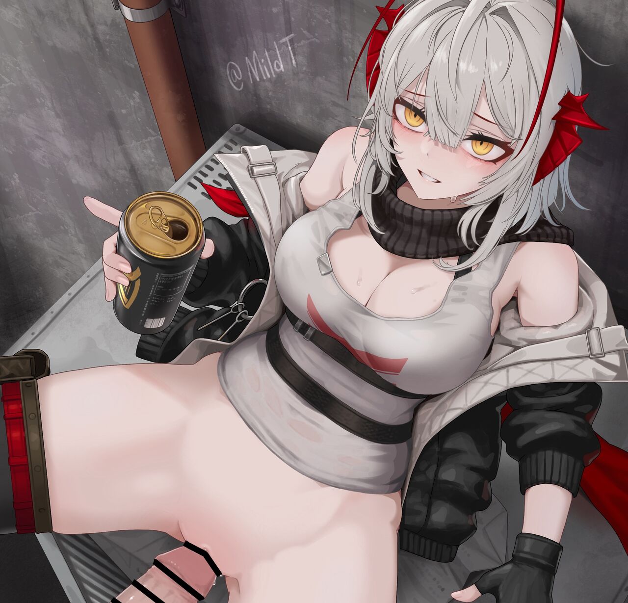 1boy, 1girls, 2023, arknights, artist name, bare shoulders, beer, before sex, big breasts, blush, bottomless, breasts, censored, cleavage, cockroach girl, demon horns, female, hi res, holding object, horns, legs apart, light skin, light-skinned female, looking at viewer, male, mildt, no panties, short hair, sitting, smile, spread legs, sweat, tank top, w (arknights), white hair, yellow eyes