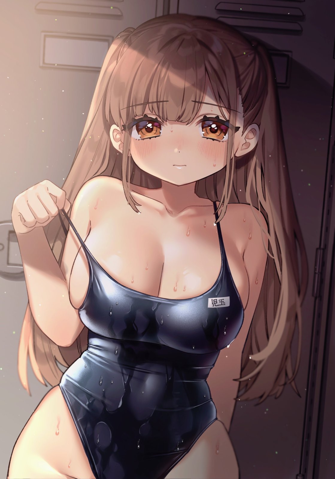 1girls arm_behind_back bangs bare_shoulders black_one-piece_swimsuit blush breasts brown_eyes brown_hair cleavage closed_mouth clothes_pull collarbone covered_navel cowboy_shot female highleg highleg_swimsuit indoors kodama_(sakura_yuki) large_breasts locker locker_room long_hair looking_at_viewer name_tag one-piece_swimsuit sakura_yuki_(clochette) school_swimsuit shortstack skindentation solo swimsuit two_side_up wet wet_clothes wet_swimsuit