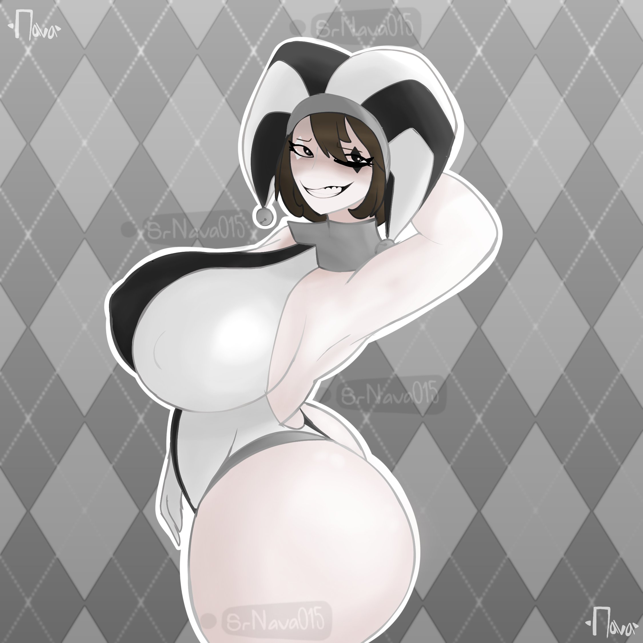 2023, 2d, 2d (artwork), 2d artwork, ass, big ass, big breasts, big thighs, black and white, breasts, female, glitch productions, gloves, gooseworx, huge ass, huge breasts, huge thighs, jester, jester cap, jester costume, jester girl, jester hat, jester outfit, looking at viewer, pomni, pomni (the amazing digital circus), short hair, smiling, smiling at viewer, srnava, text, the amazing digital circus, thick thighs