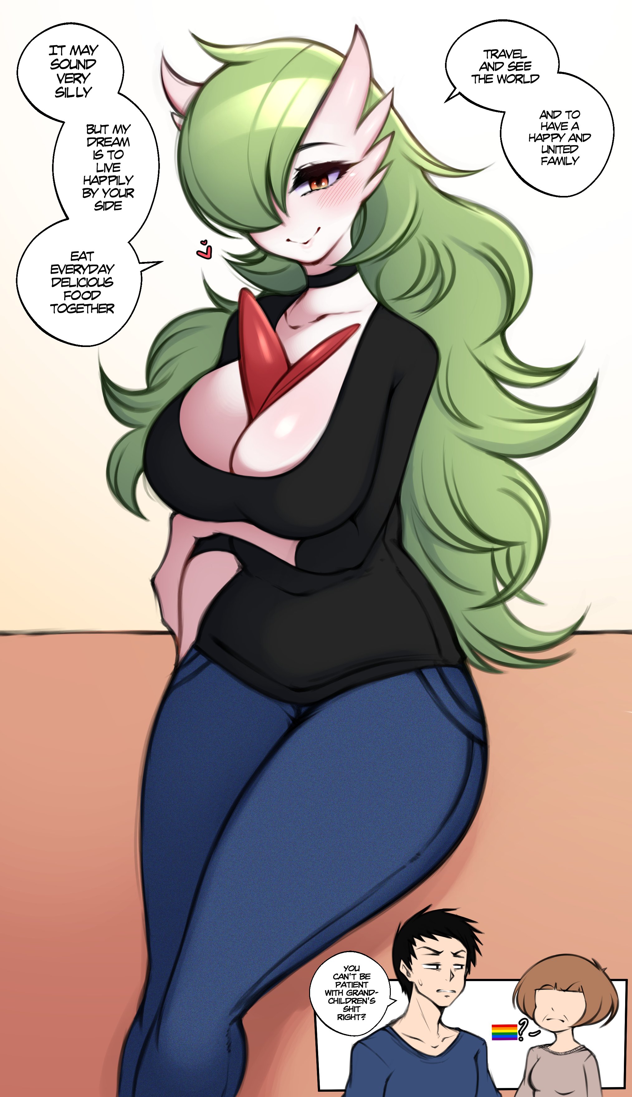 1girls, alternate breast size, alternate version available, breasts, chest spike, clothed, dialogue, english text, female, female pokemon, gardevoir, green hair, hair over one eye, huge breasts, large breasts, long hair, nintendo, pokemon, pokemon (species), saltyxodium, smile, text, thick thighs, wholesome
