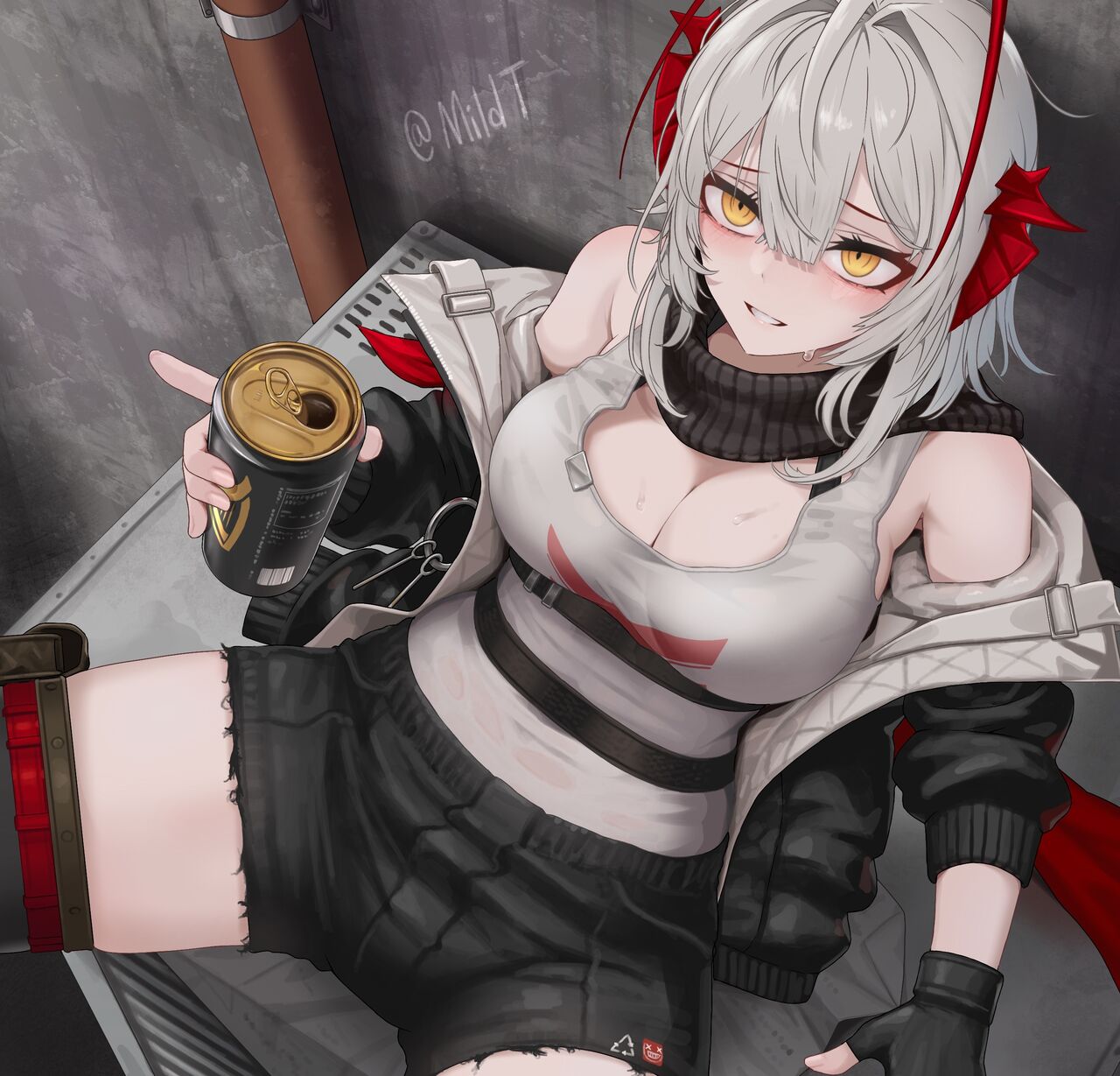 1girls, 2023, arknights, artist name, bare shoulders, beer, big breasts, blush, breasts, censored, cleavage, cockroach girl, demon horns, female, hi res, holding object, horns, legs apart, light skin, light-skinned female, looking at viewer, mildt, short hair, short shorts, shorts, sitting, smile, solo, spread legs, sweat, tank top, w (arknights), white hair, yellow eyes