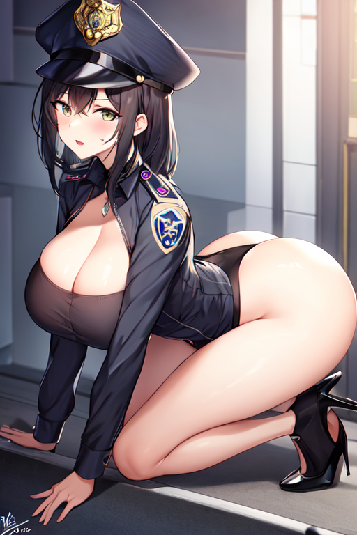 ai_generated big_ass big_breasts child_bearing_hips cute high_heels ovulating perky_breasts police_hat police_uniform policewoman thighhighs wide_hips