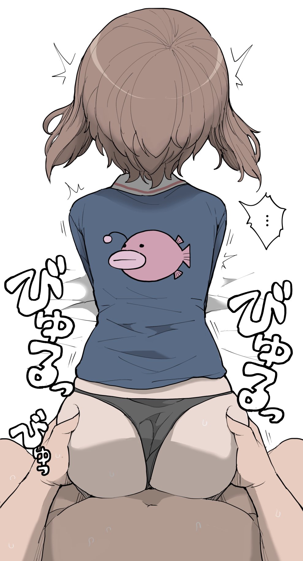 1boy ^^^ all_fours ambiguous_penetration anglerfish ass ass_grab black_panties blue_jacket brown_hair clothed_female_nude_male clothed_sex clothing_aside commentary_request doggy_style female fish from_above from_behind girls_und_panzer henyaan_(oreizm) highres jacket long_sleeves nishizumi_miho nude ooarai_military_uniform paid_reward_available panties panties_aside petite short_hair sound_effects straight underwear