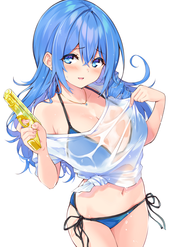 1girls armpit_crease bare_shoulders bikini bikini_under_clothes blue_bikini blue_eyes blue_hair blush breasts cleavage collarbone commentary_request cowboy_shot cu-no drill_hair earrings finger_on_trigger front-tie_top hair_between_eyes halterneck hands_up hisen_kaede holding holding_water_gun jewelry kohitsuji_ai large_breasts long_hair looking_at_viewer navel necklace no_pants off_shoulder open_mouth see-through shirt side-tie_bikini_bottom simple_background smile solo stomach string_bikini swimsuit t-shirt tied_shirt water_gun wet wet_clothes wet_shirt white_background white_shirt