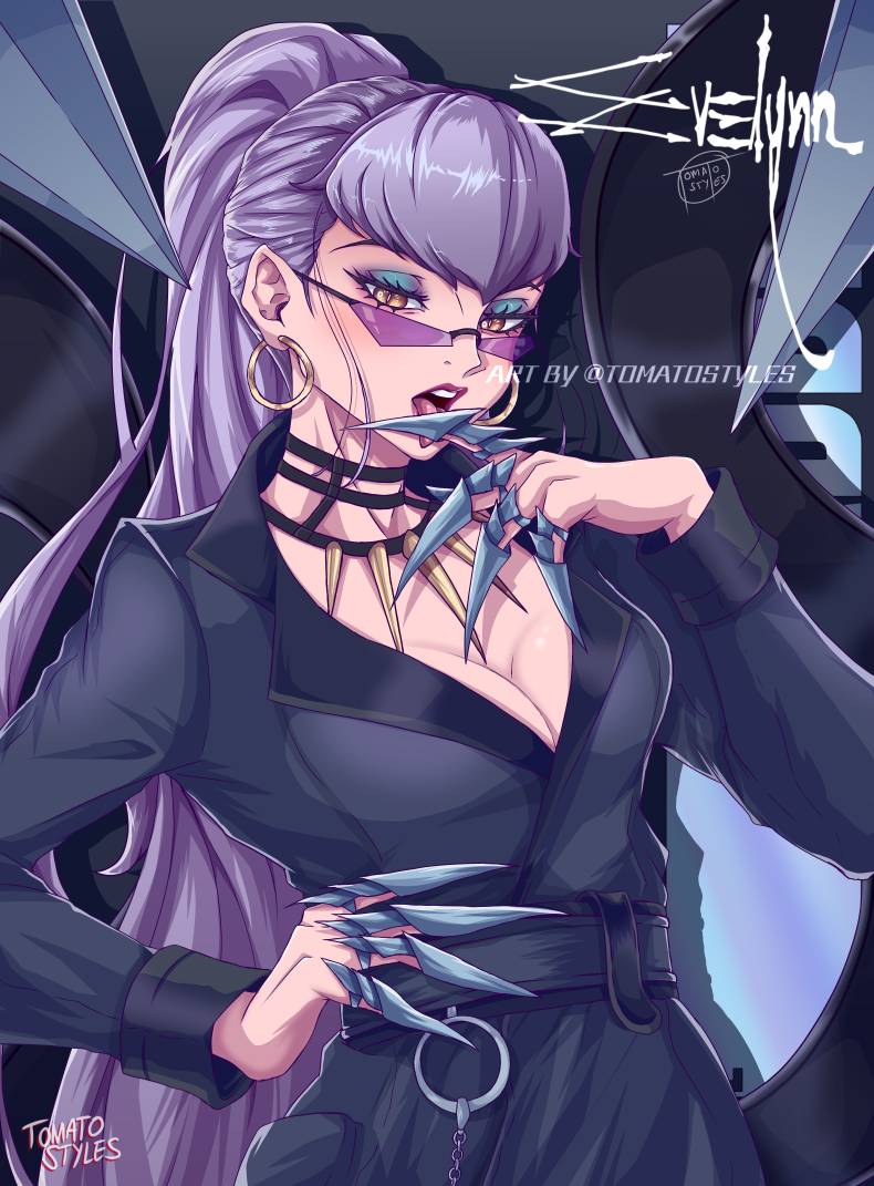 big_breasts blush choker claws coat evelynn eyeshadow finger_in_mouth fringe glasses gold_eyes goth goth_girl green_eyeshadow hair_tied hand_on_hip hand_up hoop_earrings hourglass_figure inner_sideboob jacket k/da_all_out_series lavender_hair league_of_legends leather_jacket looking_down looking_down_at_viewer looking_over_eyewear looking_over_glasses looking_over_sunglasses magenta_lipstick mascara metal_claws necklace office_lady open_mouth ponytail purple-tinted_eyewear purple_eyeshadow purple_hair purple_sunglasses red_lipstick seductive spiked_collar spiked_necklace sunglasses the_baddest_evelynn thin_eyebrows tied_hair tinted_eyewear tomatostyles twitter_username watermark yellow_eyes