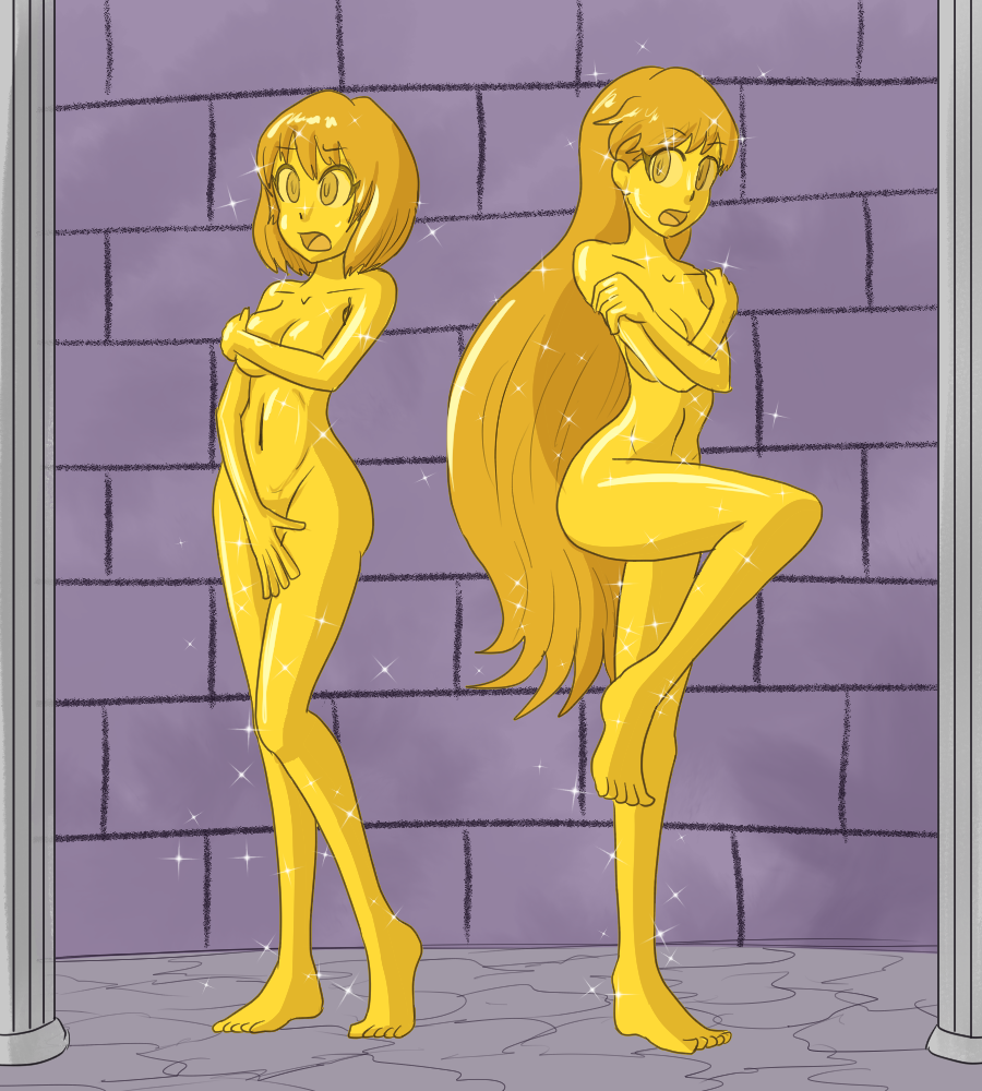 2girls breasts female female_only gold gold_statue multiple_girls mythkaz naked nude oc original original_character tagme