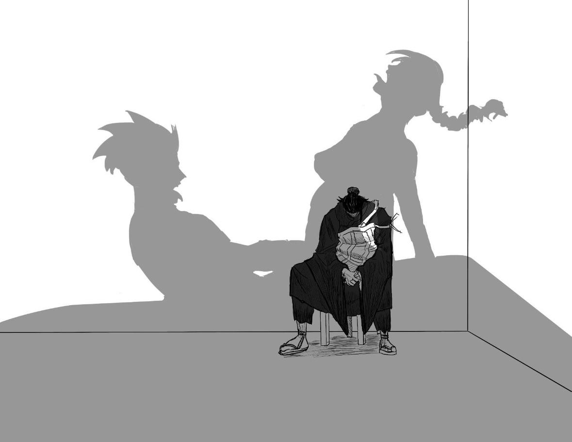 1girls, 2boys, 2boys1girl, arched back, black and white, chainsaw man, chair, clothed male, cowgirl position, cuck, cuck chair, cuckold, death battle, jujutsu kaisen, looking down, makima (chainsaw man), meme, monochrome, no color, nude, sandals, satoru gojo, shadow, silhouette, silhouette sex, suguru geto, tied hair, tongue out